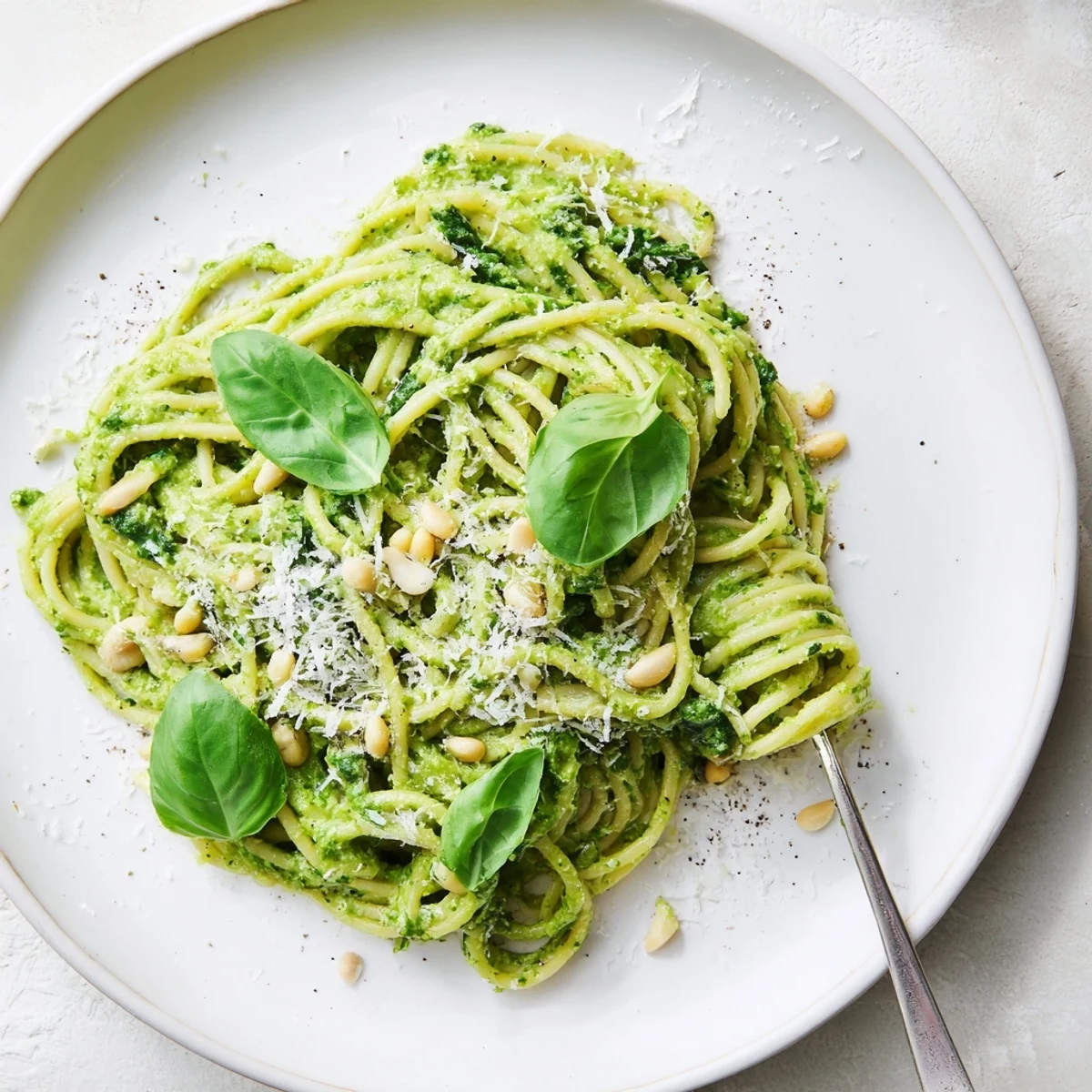 Vibrant avocado basil pesto pasta bowl garnished with grated Parmesan and cracked black pepper