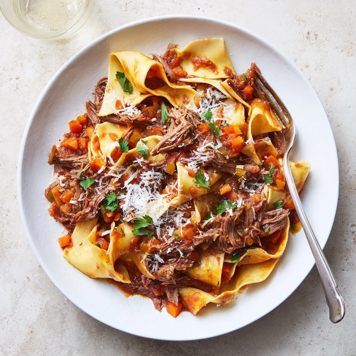 Golden slow cooked lamb ragu draped over wide pappardelle pasta with freshly grated Parmesan
