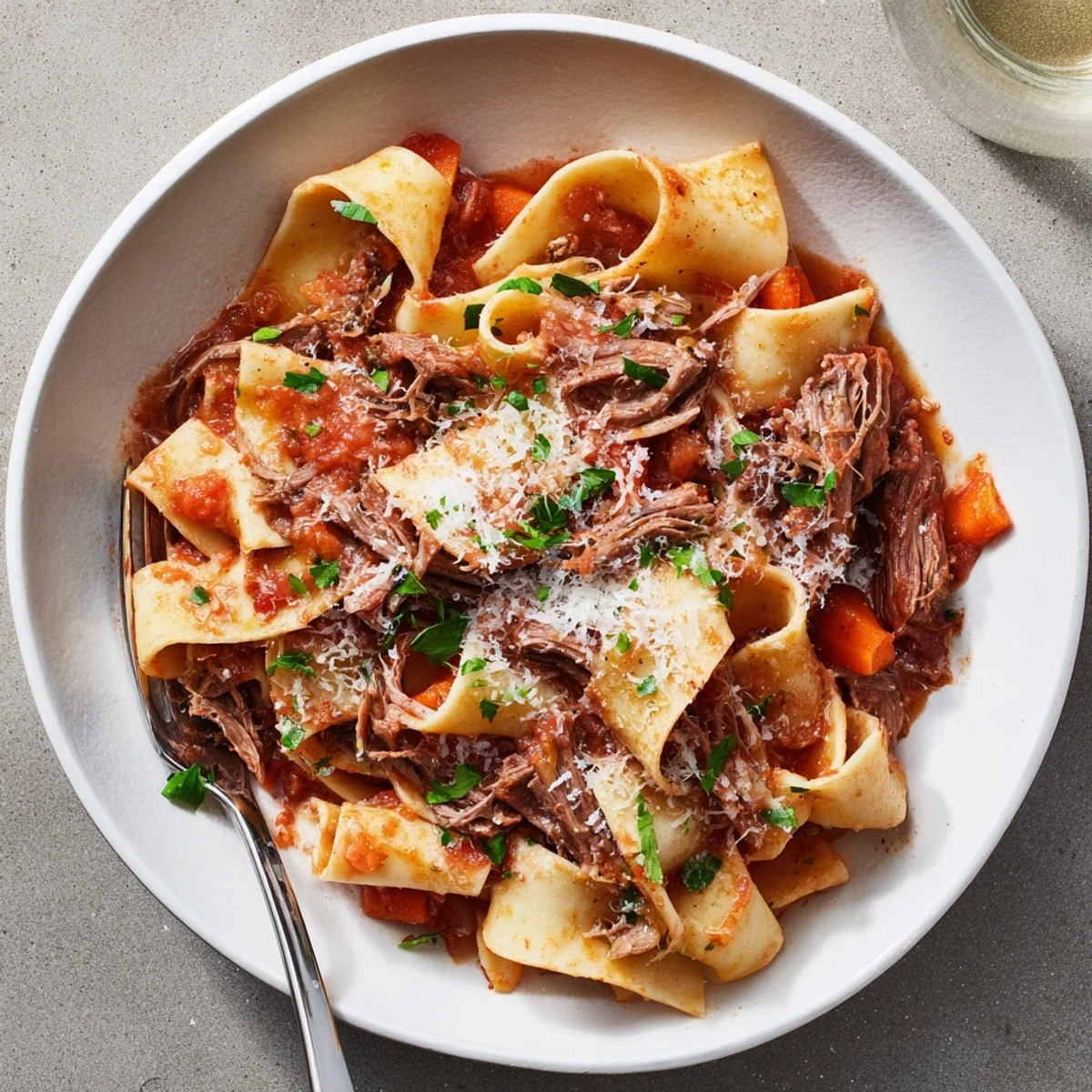 Hearty slow cooked lamb ragu served over ribboned pappardelle with parsley and cheese garnish