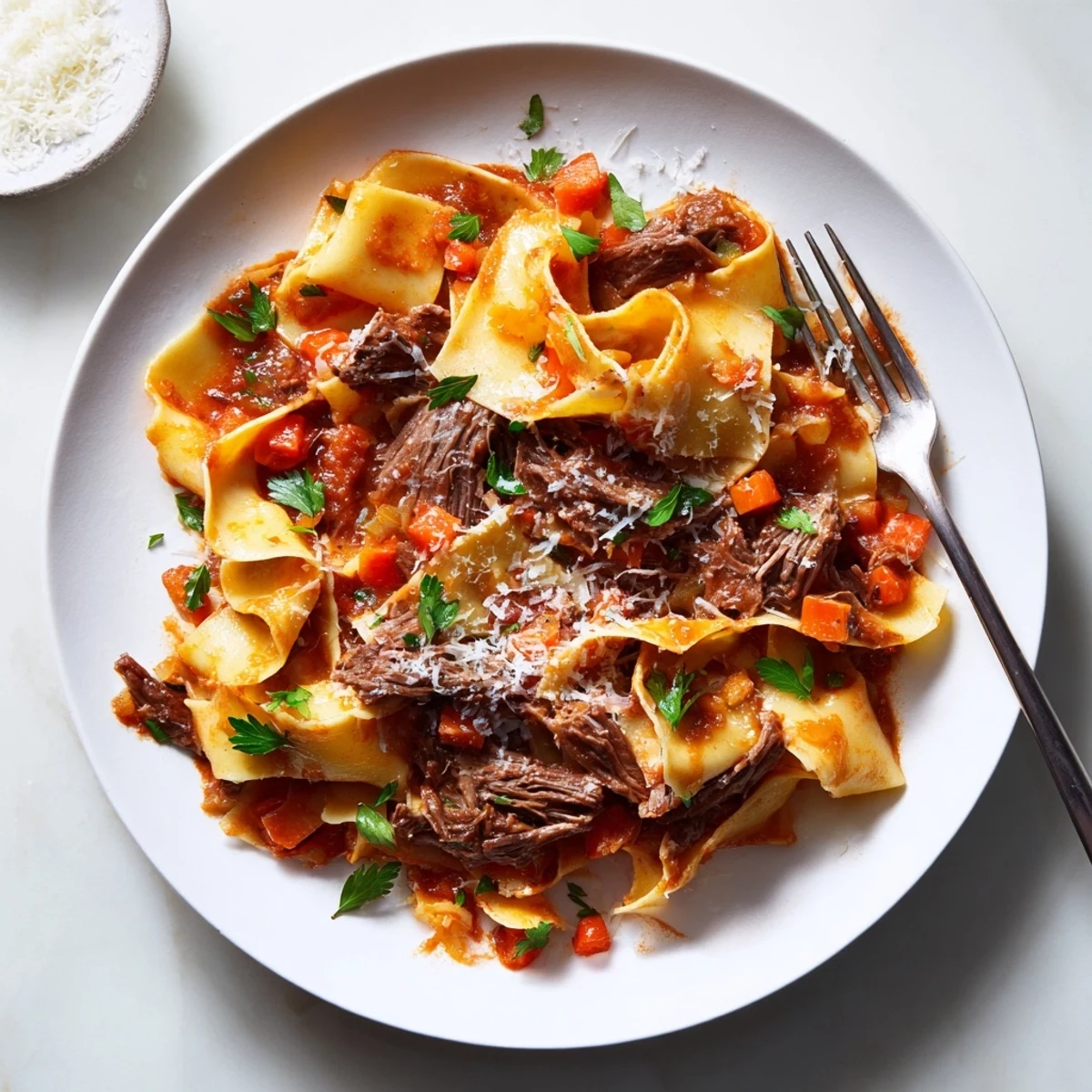 Tender braised lamb ragu with rich tomato sauce coating al dente pappardelle noodles