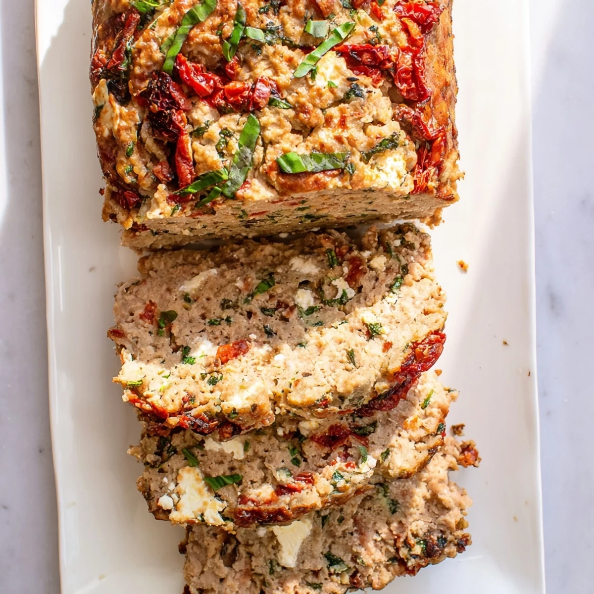 Juicy turkey meatloaf baked with visible sun-dried tomatoes and crumbled feta cheese, ready to serve with roasted vegetables