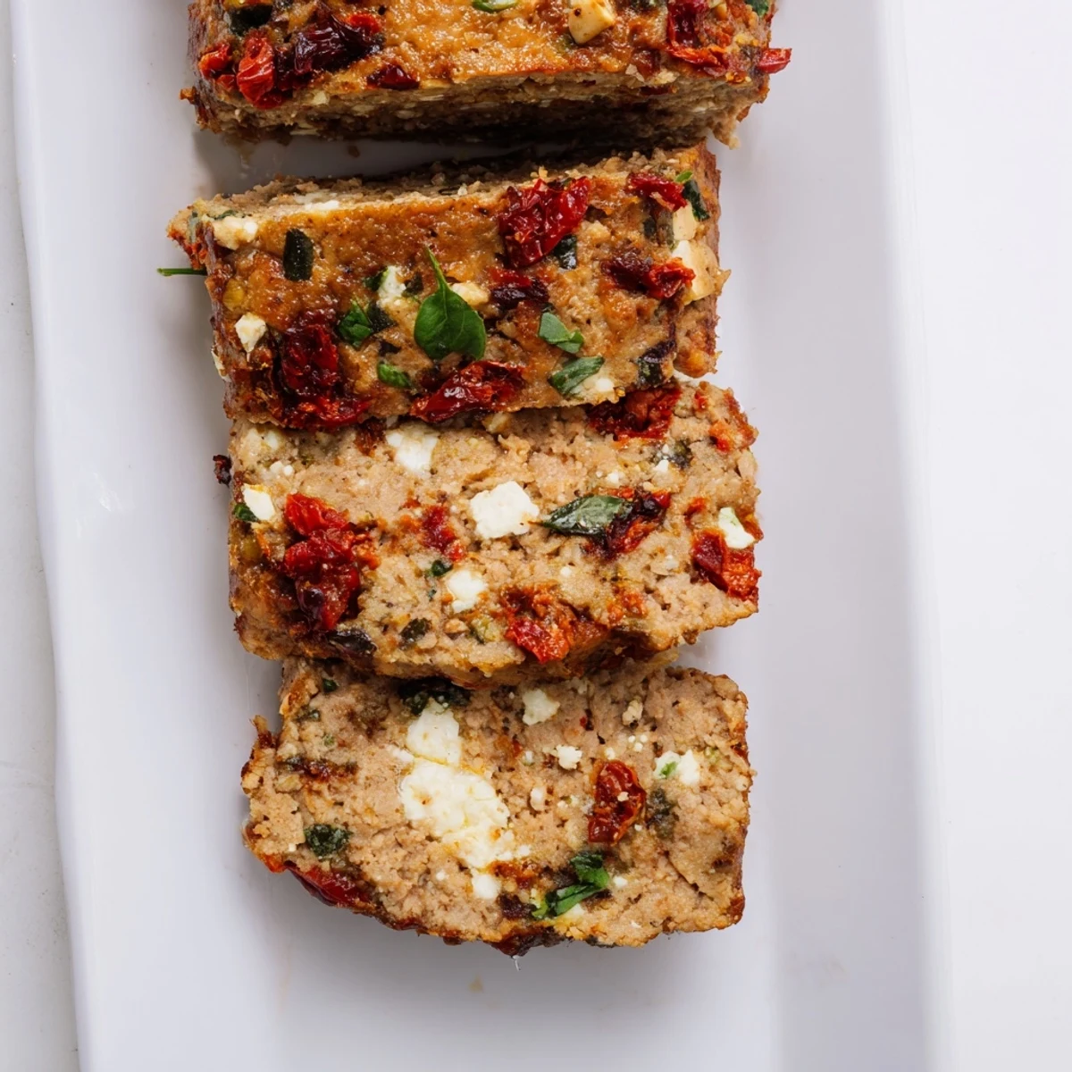 Golden brown Mediterranean turkey meatloaf sliced and garnished with fresh green parsley on a white serving platter