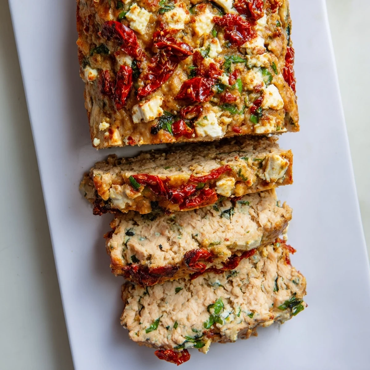 Savory Mediterranean turkey meatloaf loaf resting in a metal pan with golden edges and herb speckled surface
