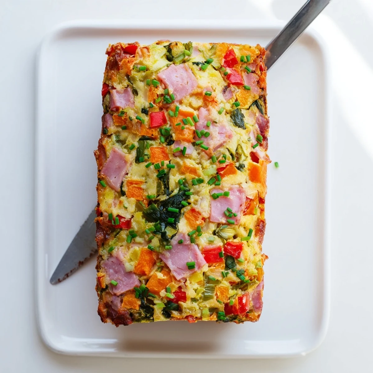 Golden vegetable and ham slice with colorful diced peppers, carrots, and melted cheddar cheese baked to perfection