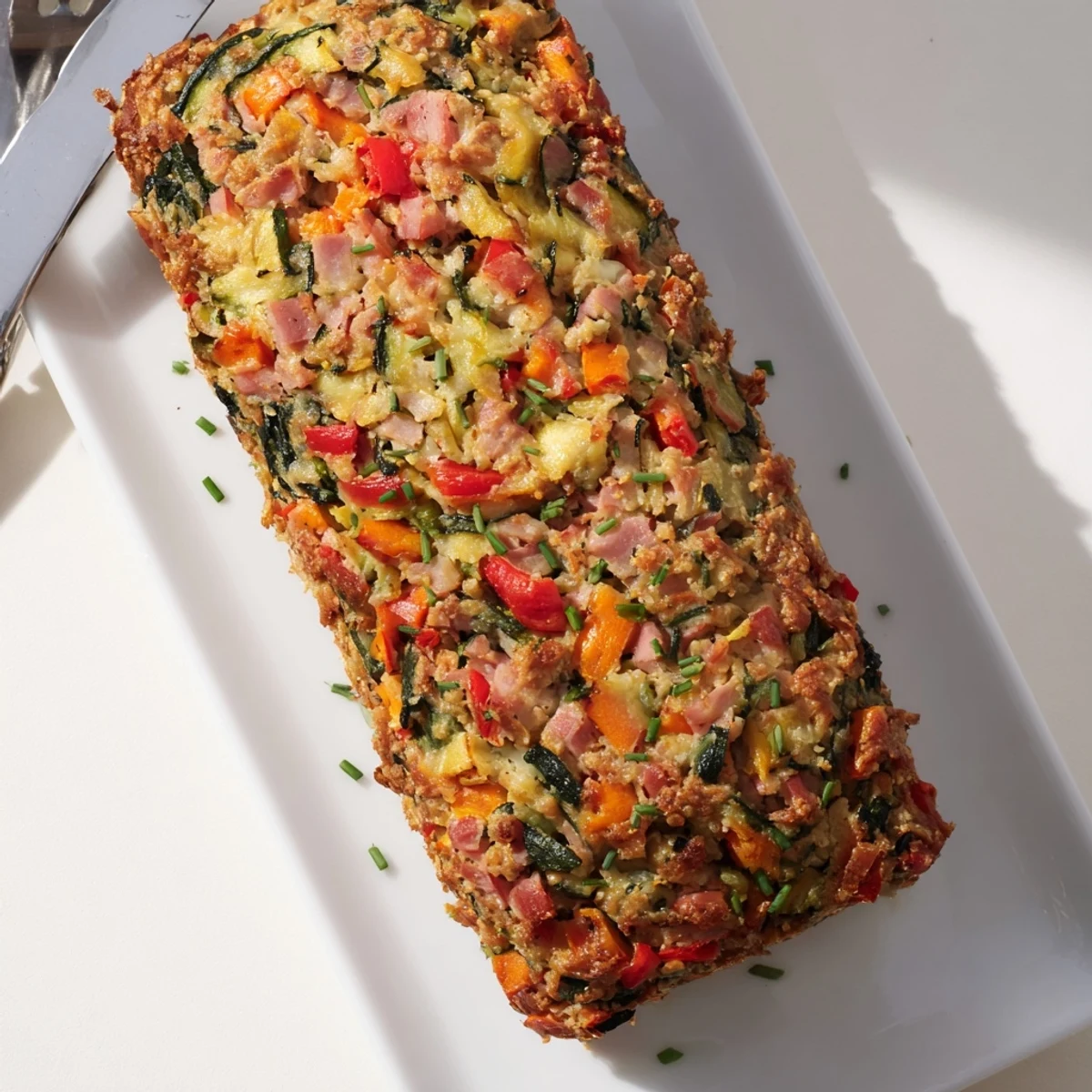 Moist vegetable and ham slice speckled with vibrant grated vegetables and ham, served warm for a hearty lunch