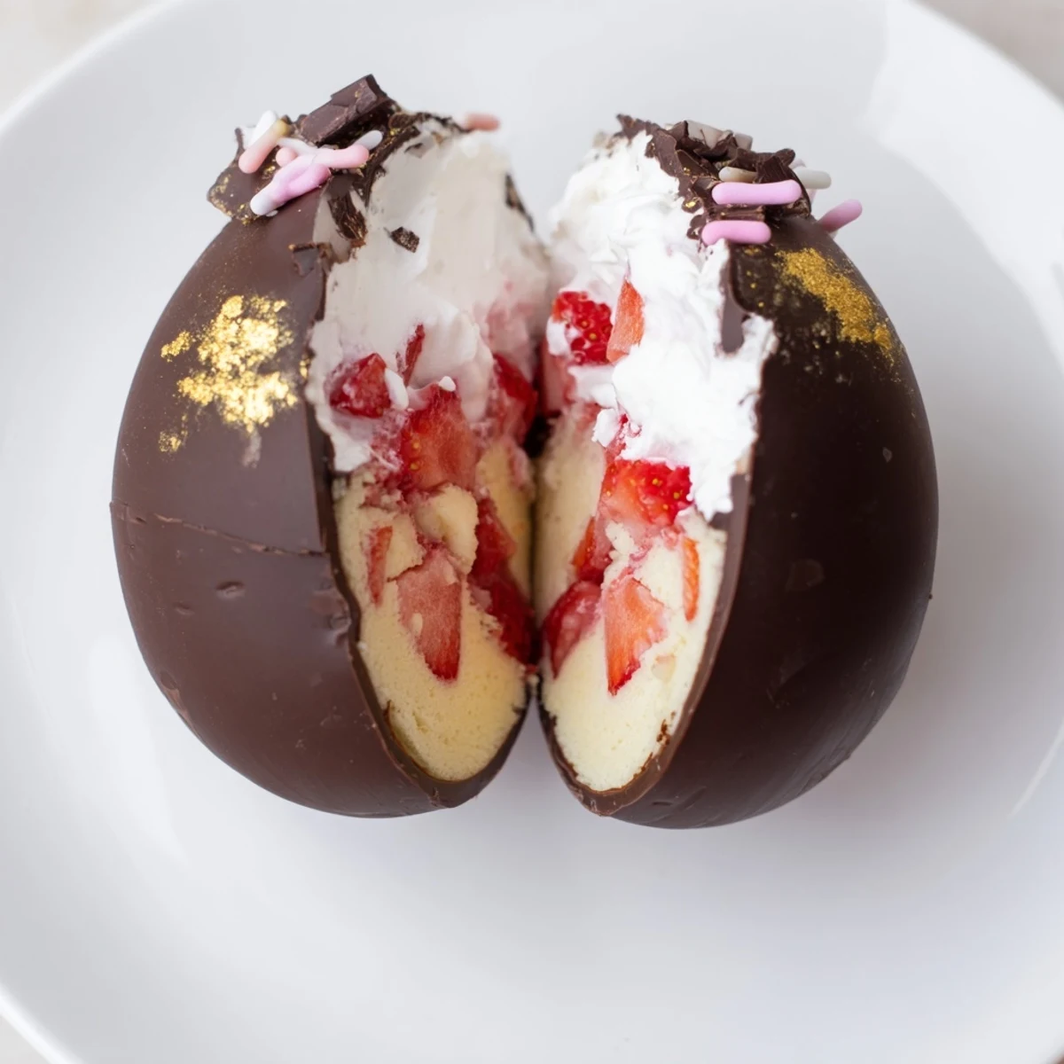Golden chocolate Easter egg bomb filled with layers of fluffy shortcake and fresh sweet strawberries
