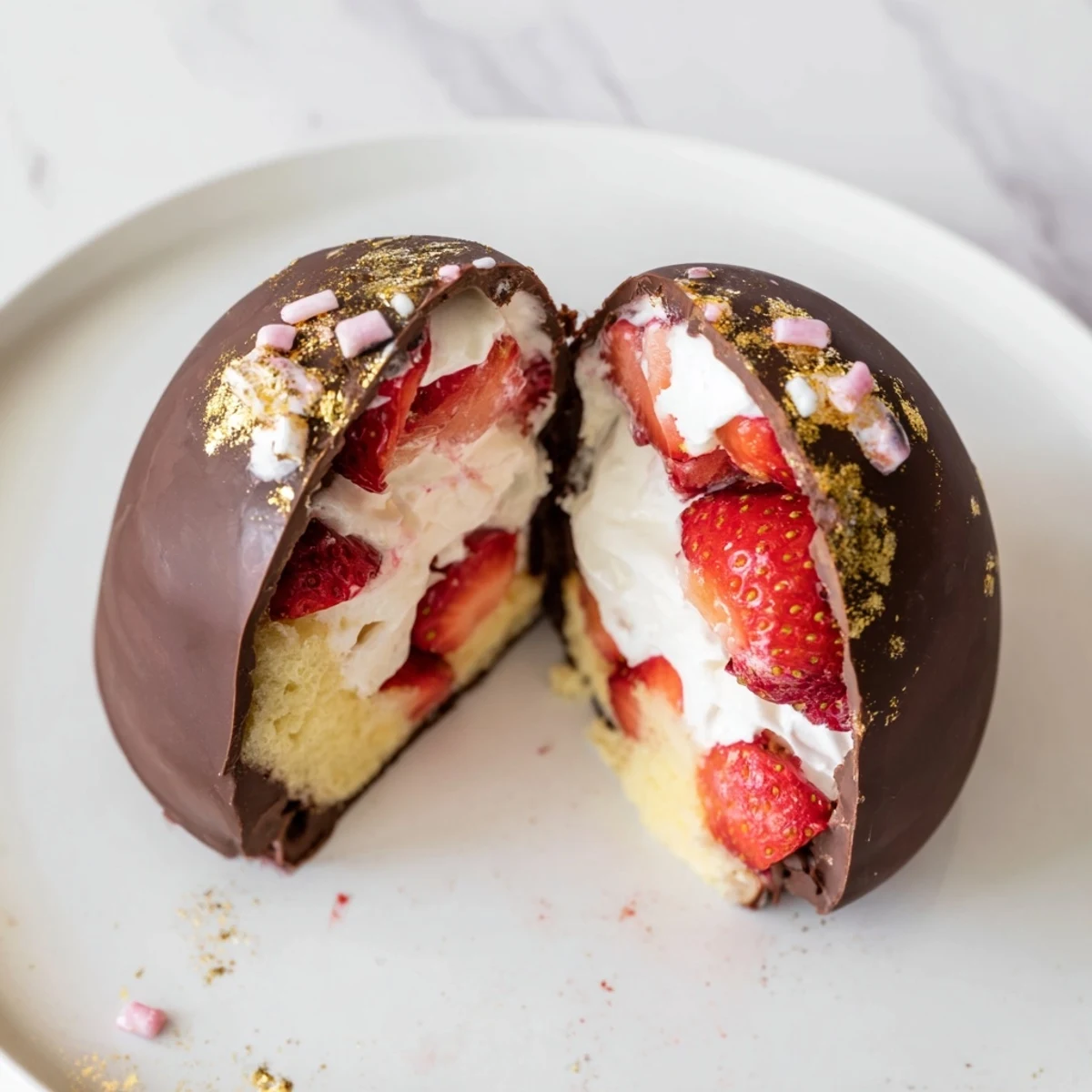 Decadent strawberry shortcake Easter egg炸弹 with whipped cream nestled inside crisp white chocolate shells