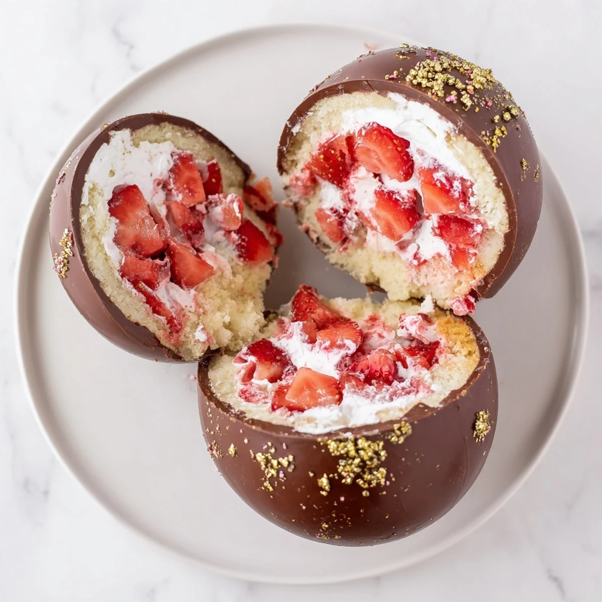 Festive spring dessert featuring chocolate egg stuffed with tender cake chunks and macerated berry filling
