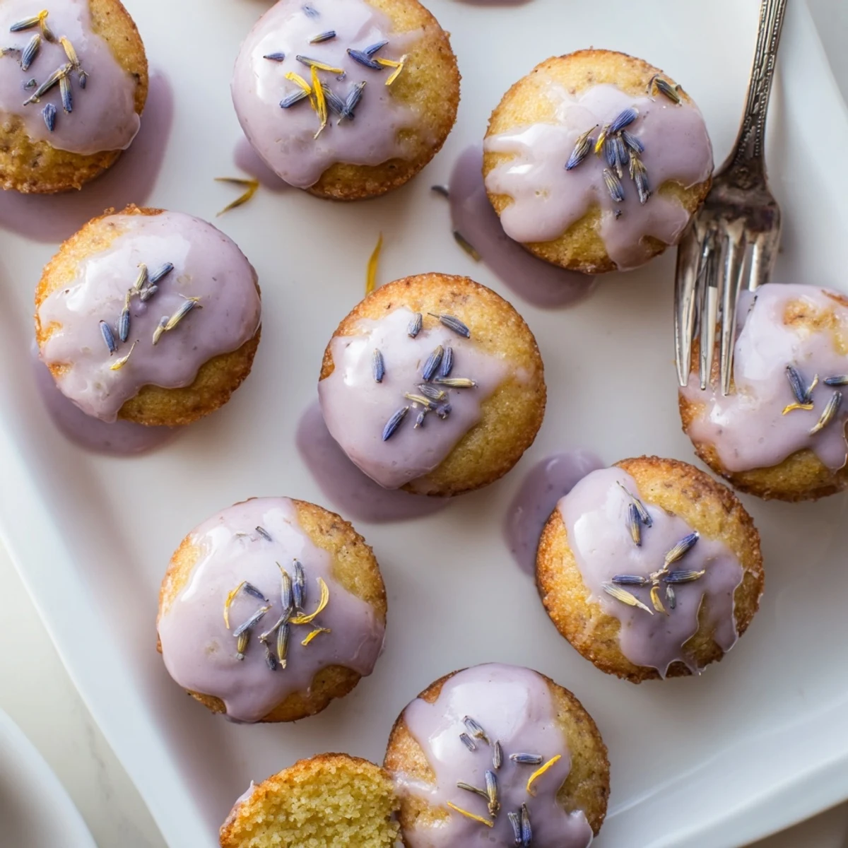 Golden mini lemon cakes drizzled with purple lavender glaze and garnished with fresh lemon zest on a white serving plate
