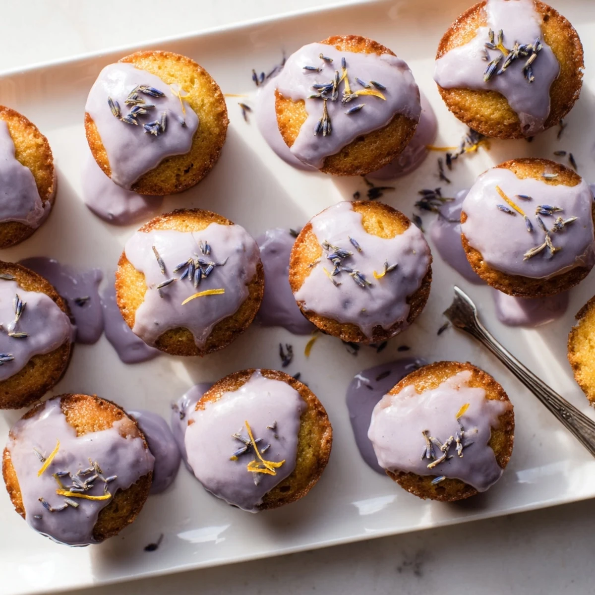 Moist lemon mini cakes topped with floral lavender icing and dried lavender buds arranged elegantly for afternoon tea service