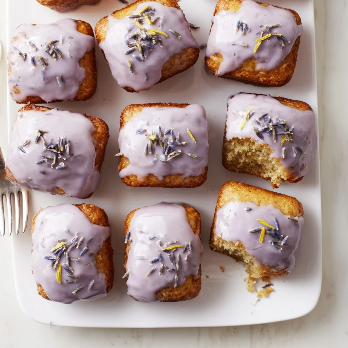 Close-up of tender mini lemon cakes with smooth lavender glaze dripping down the sides and decorative zest strips
