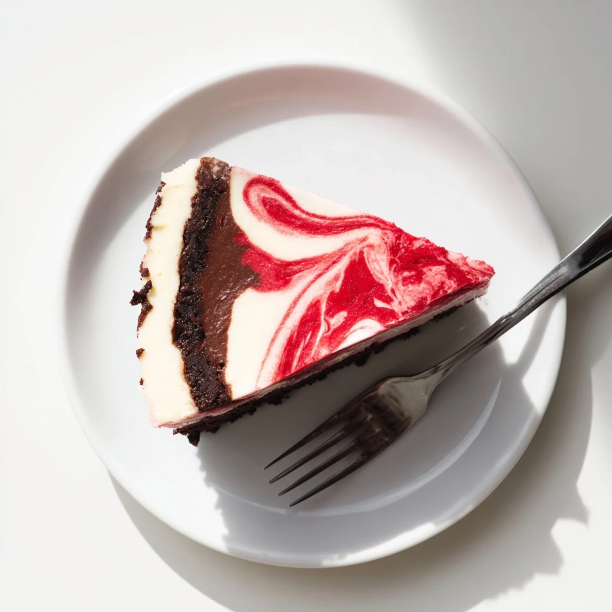 Rich creamy cheesecake featuring dark chocolate and vibrant strawberry swirl topping on chocolate cookie crust