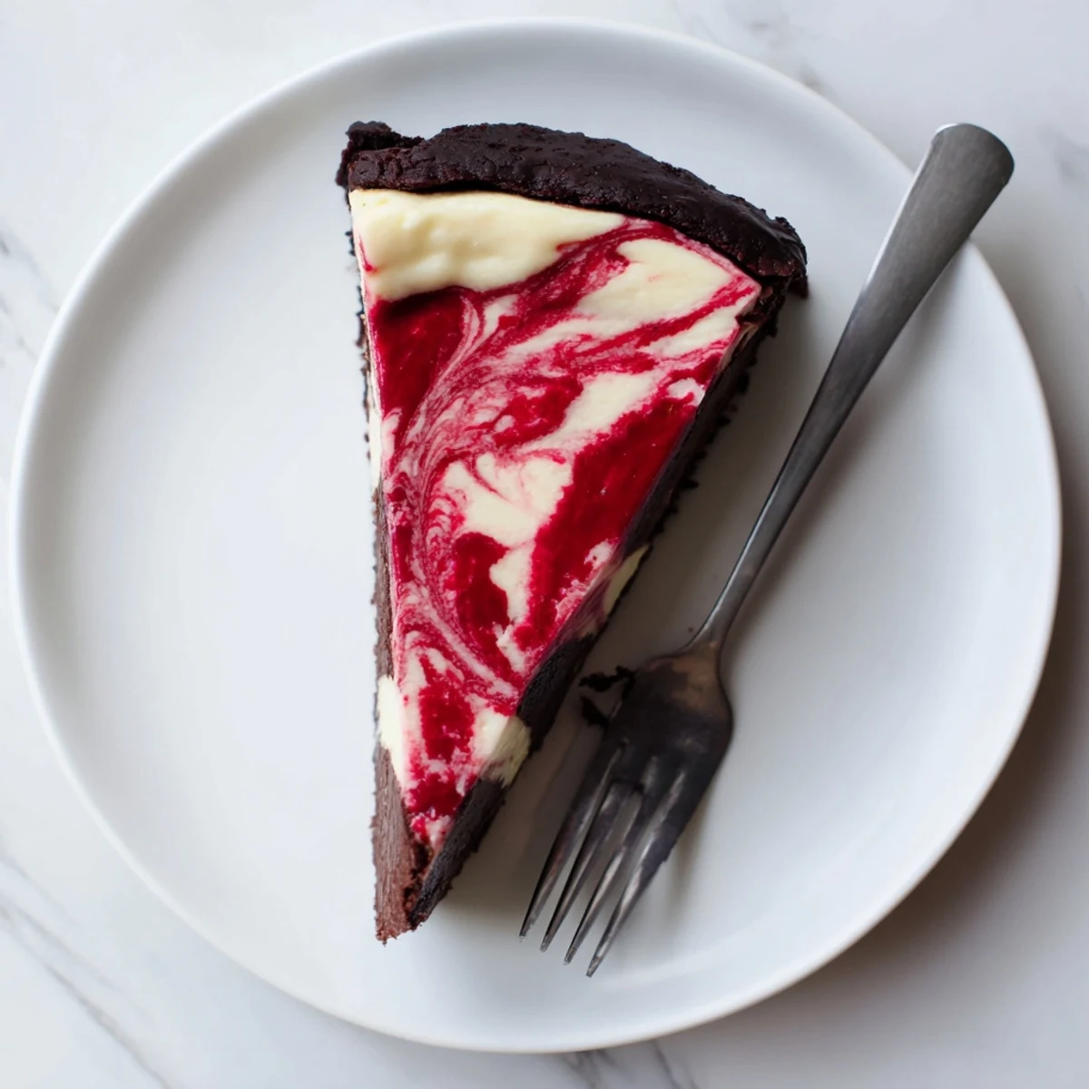Sliced chocolate strawberry swirl cheesecake serving on white plate showing layered chocolate base and strawberry swirls