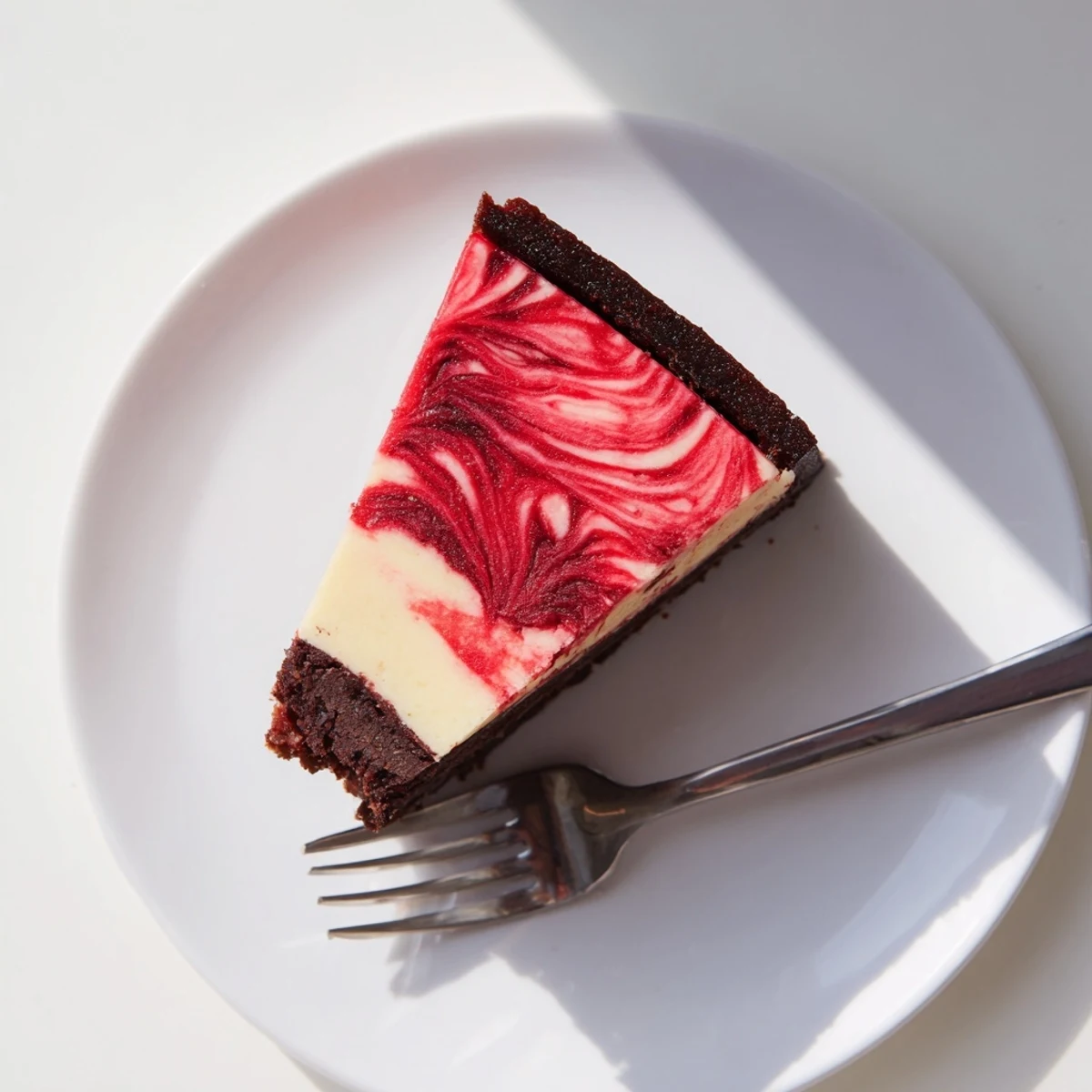 Decadent chocolate strawberry swirl cheesecake with ribbons of berry puree through creamy dark chocolate filling