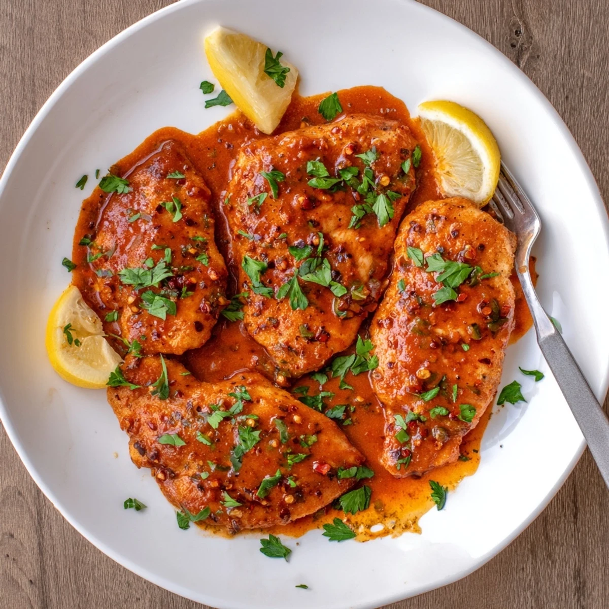 Golden chicken breasts glazed in spicy honey Diablo sauce with fresh parsley garnish