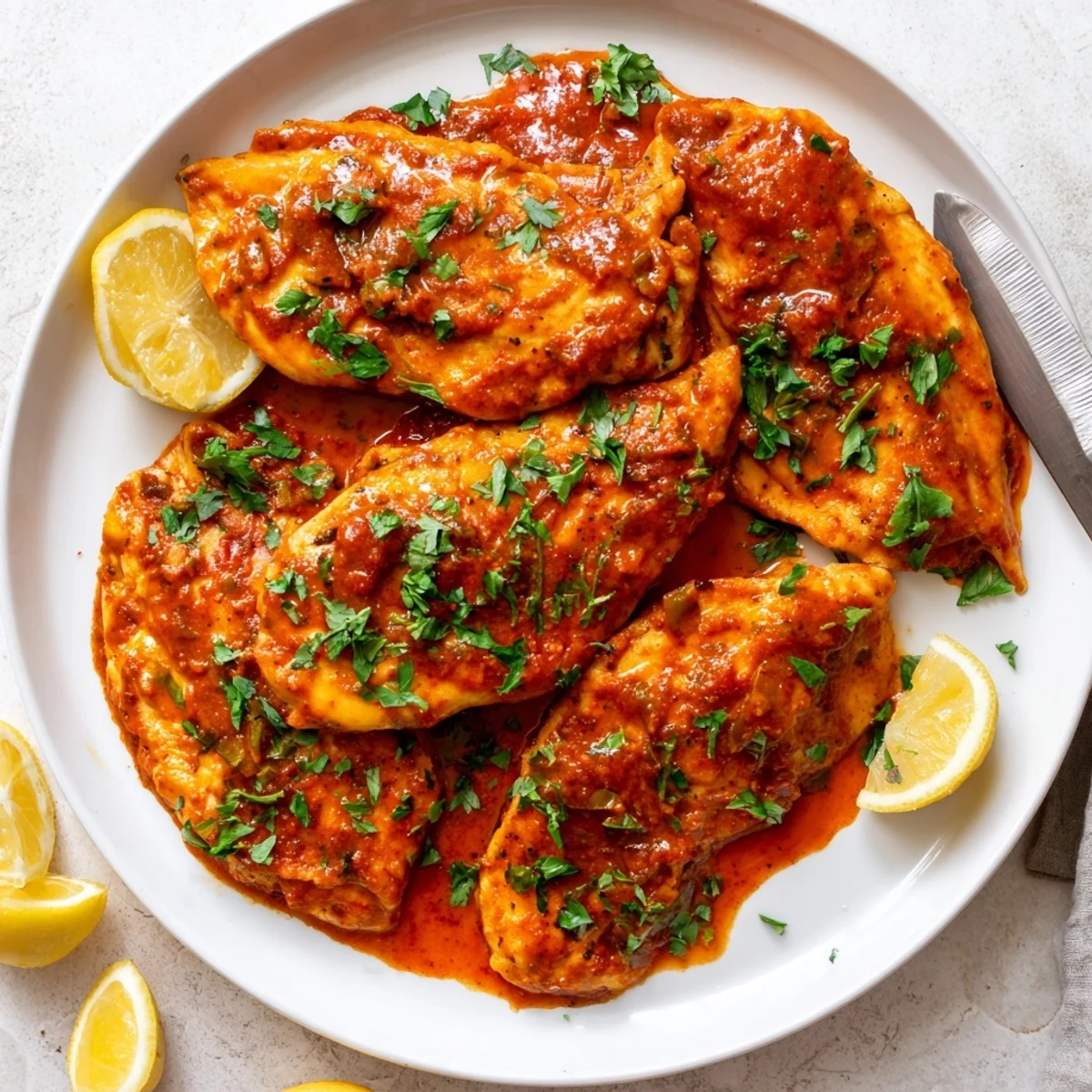 Fiery sweet Chicken Diablo dinner featuring tender oven-baked chicken coated in zesty mustard sauce