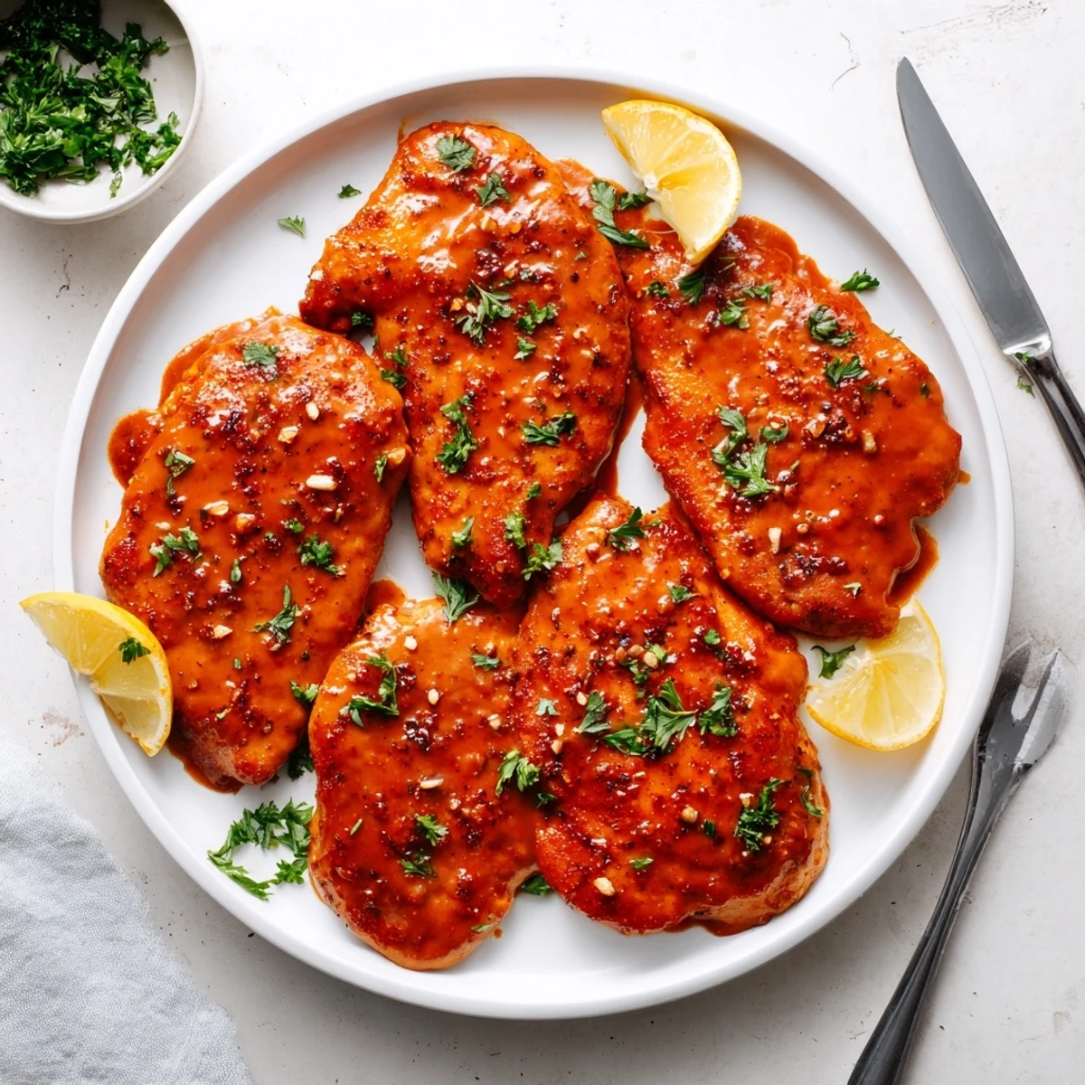 Spicy sweet Chicken Diablo main dish with glossy red sauce and lemon wedges on plate