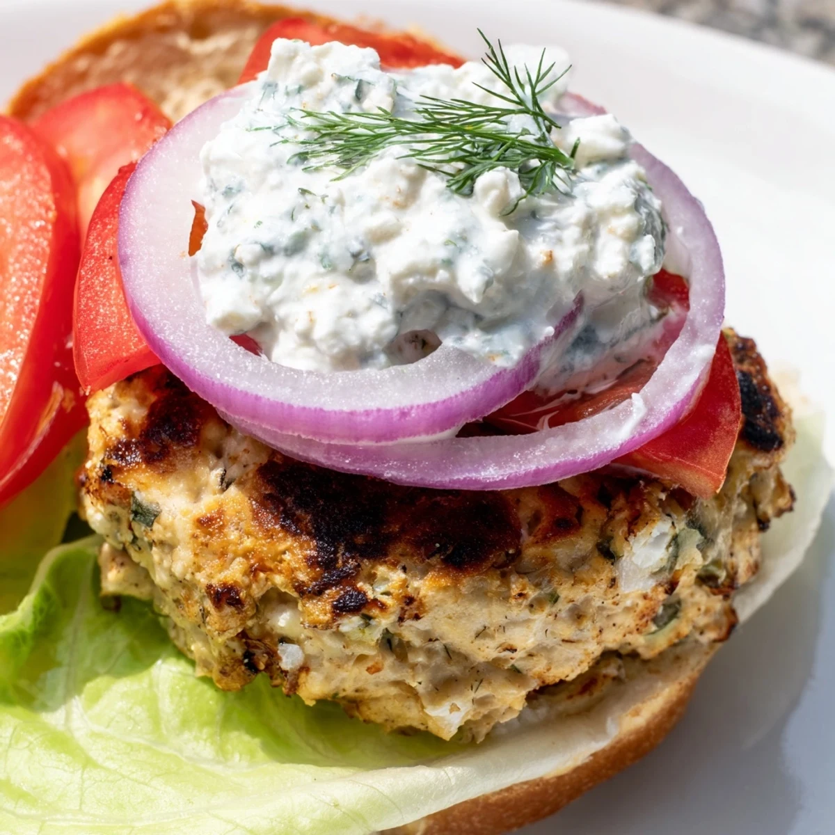 Golden brown Greek chicken burgers topped with creamy tzatziki sauce on toasted buns