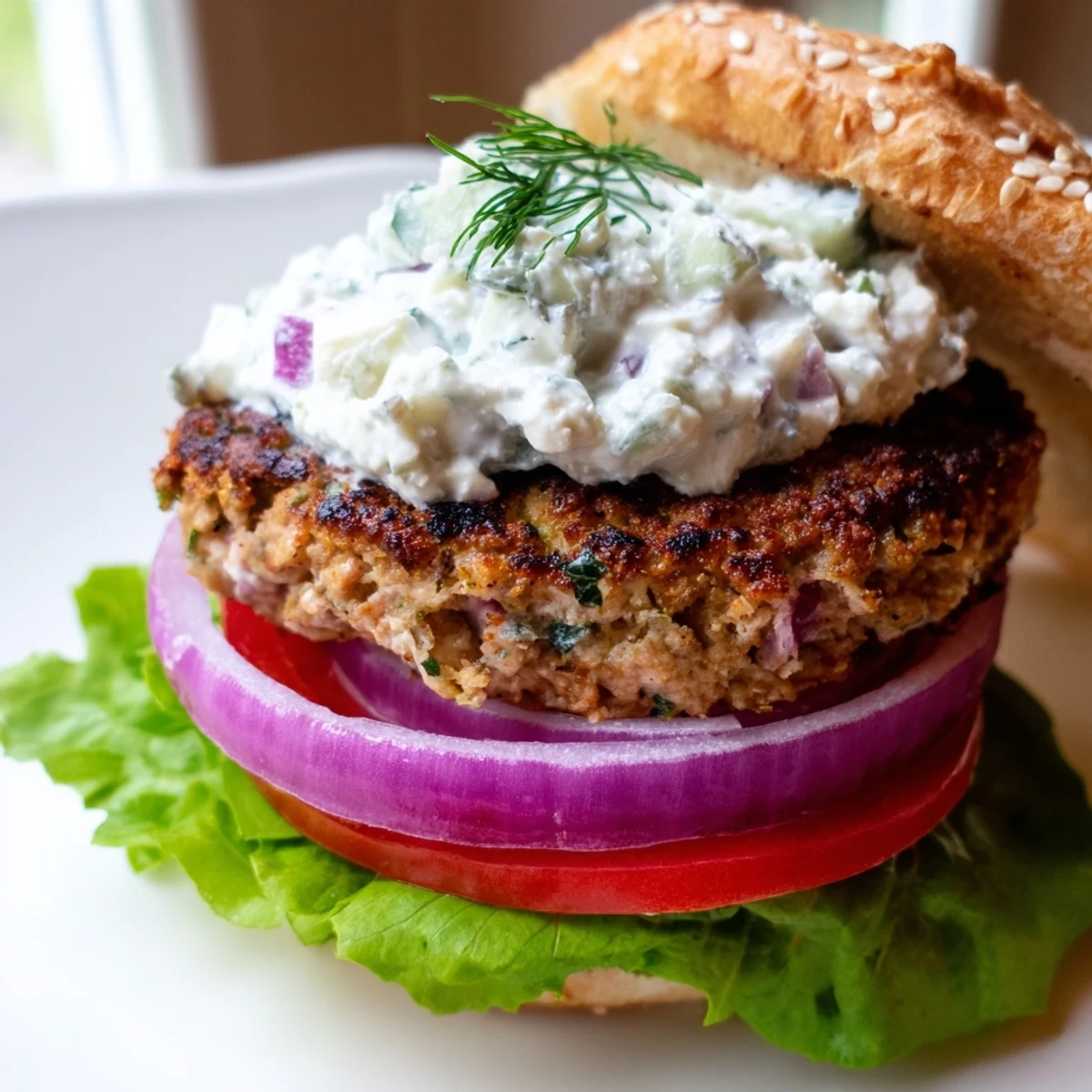 Juicy ground chicken burgers with feta, cucumber, and homemade tzatziki on warm sesame buns