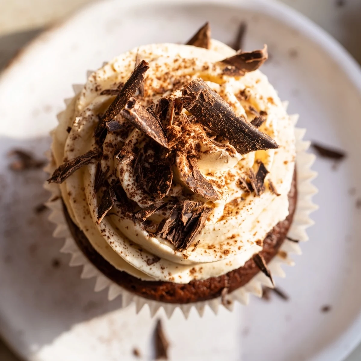 Rich chocolate cupcakes soaked in coffee syrup with creamy mascarpone topping and chocolate shavings