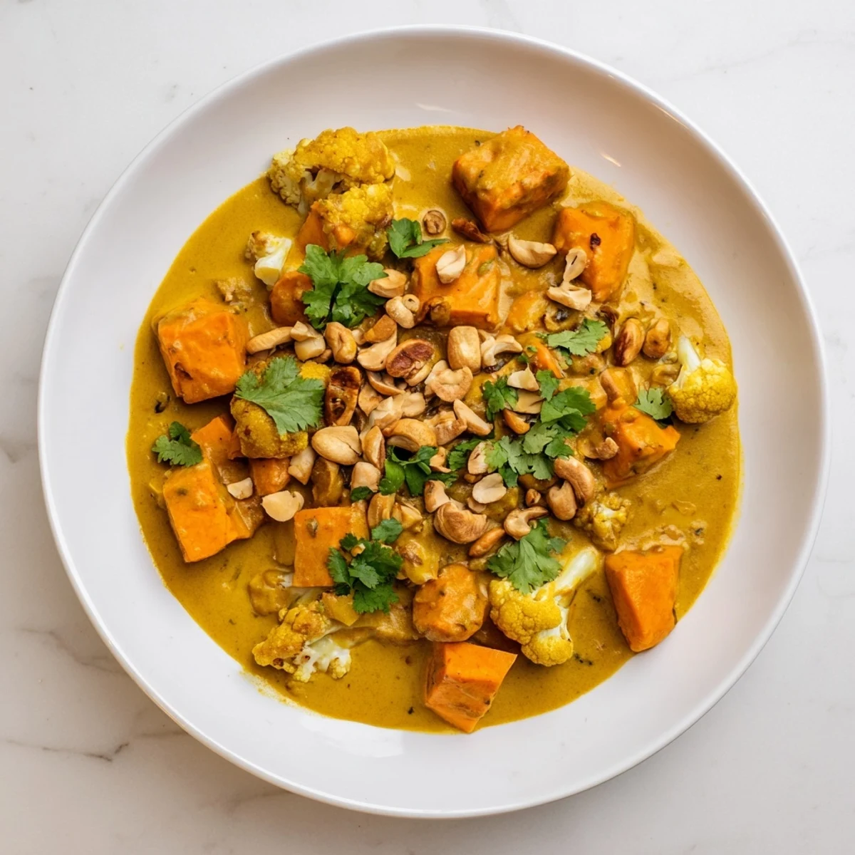 Creamy kumara cauliflower and cashew korma curry garnished with toasted nuts and fresh cilantro