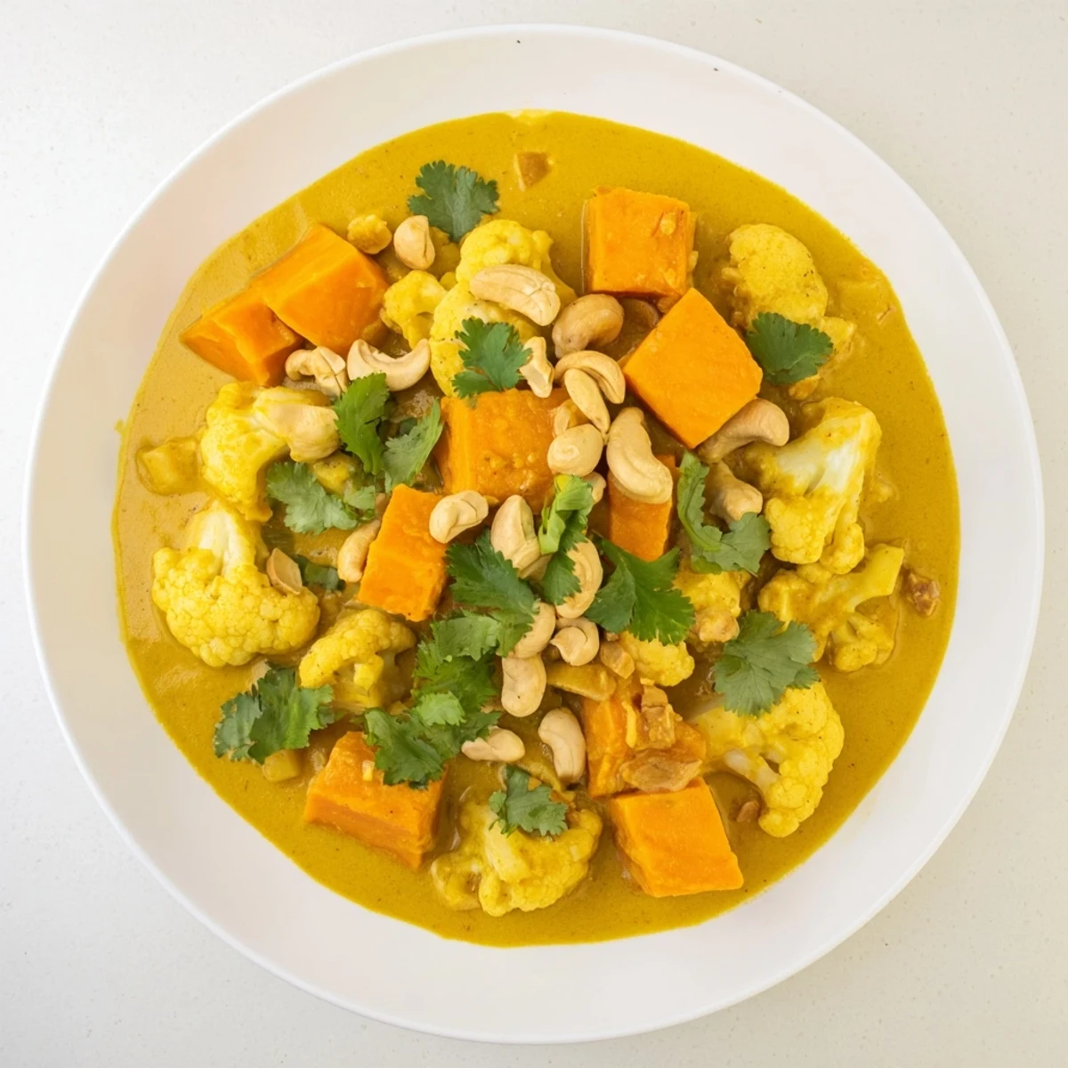 Rich vegetarian korma curry with tender sweet potato cauliflower florets in fragrant coconut sauce