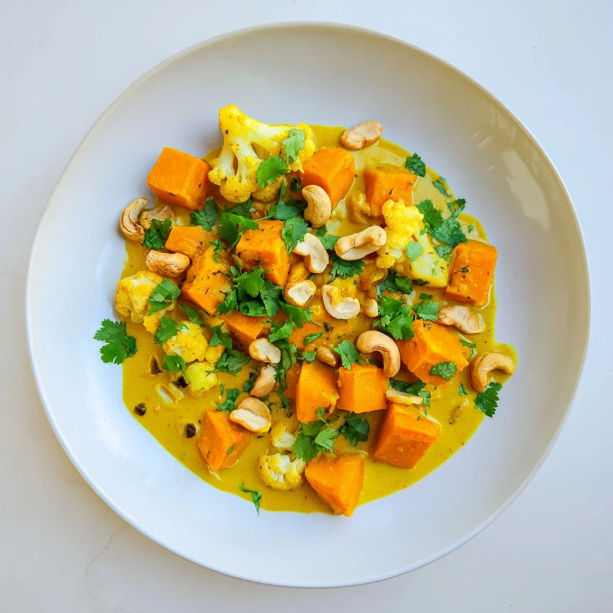 Golden kumara and cashew korma curry served over rice with lime wedges and cilantro