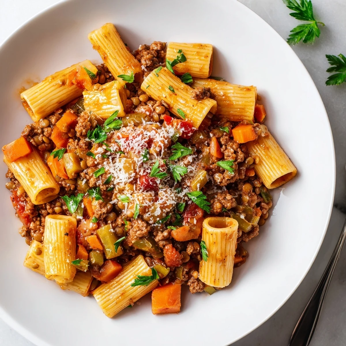 Hearty healthy beef and lentil bolognese sauce plated over pasta with fresh basil garnish
