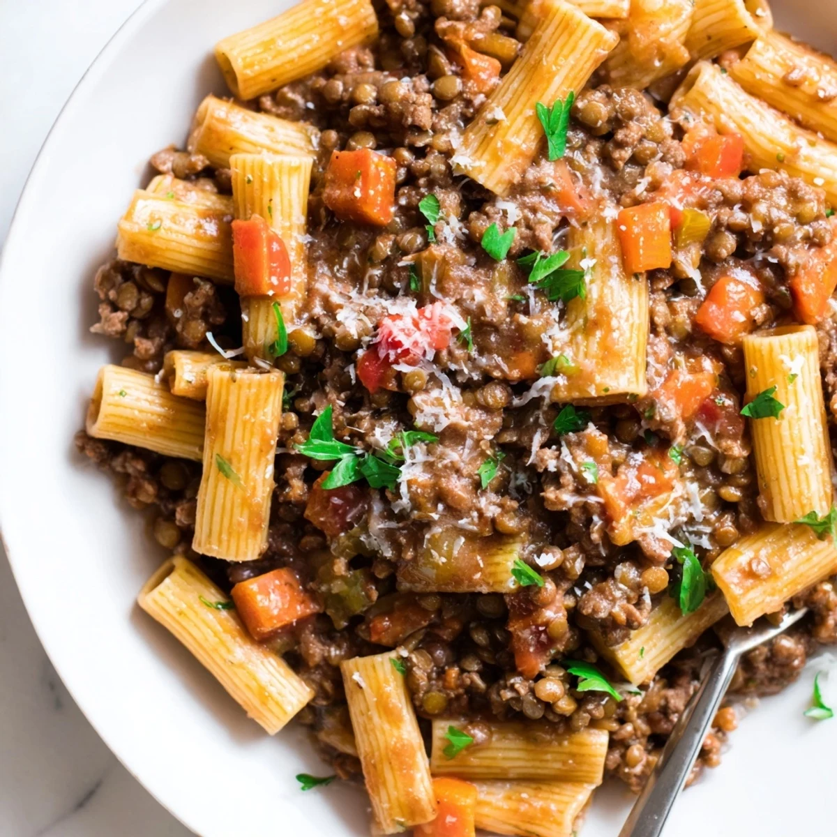 Thick rich healthy beef and lentil bolognese simmering in a pot with grated parmesan