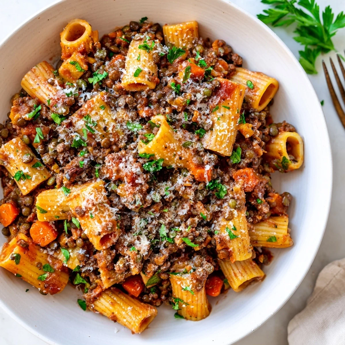 Savory healthy beef and lentil bolognese topped with herbs served over whole wheat noodles