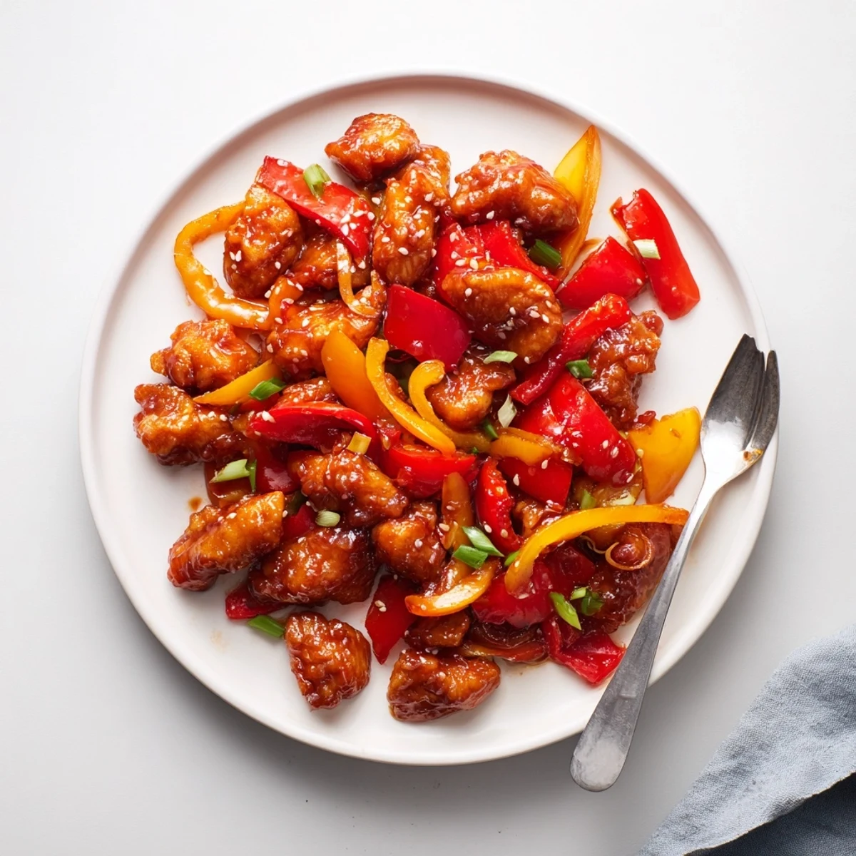 Golden brown spicy dragon chicken glazed in red chili sauce with colorful bell pepper slices