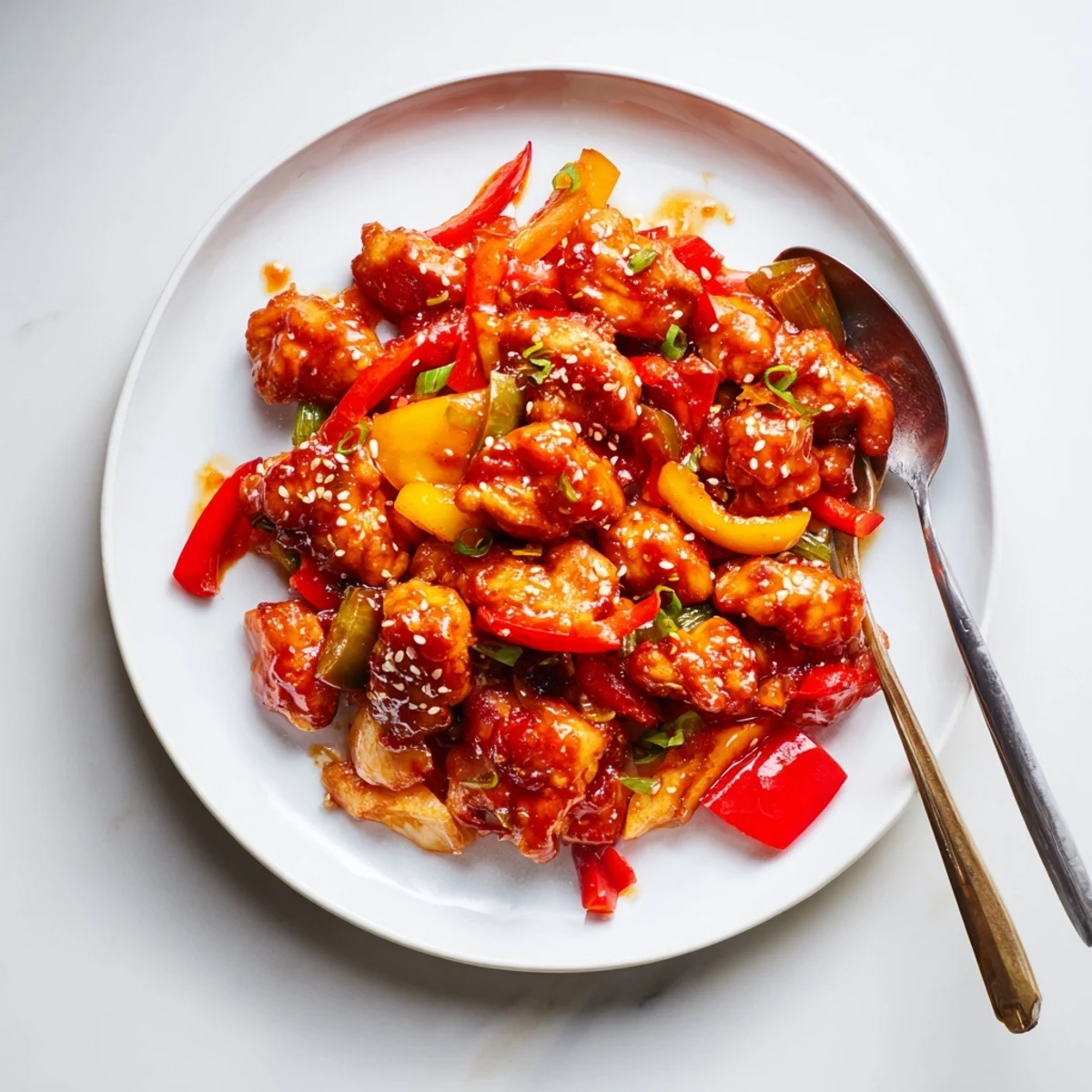 Tender spicy dragon chicken pieces coated in sticky sauce served over white rice with garnish