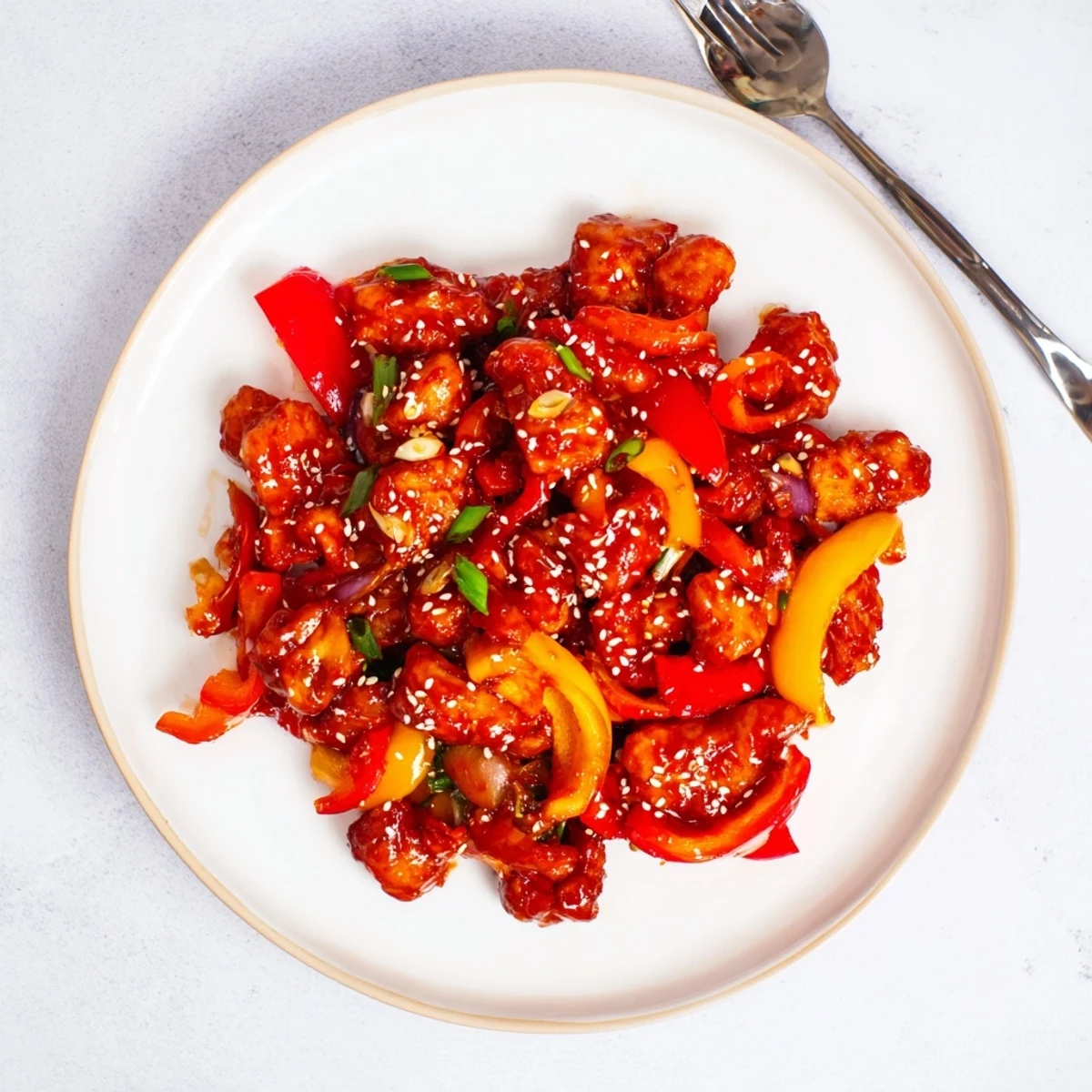 Sizzling spicy dragon chicken stir fry with peppers and green onions in a glossy red glaze