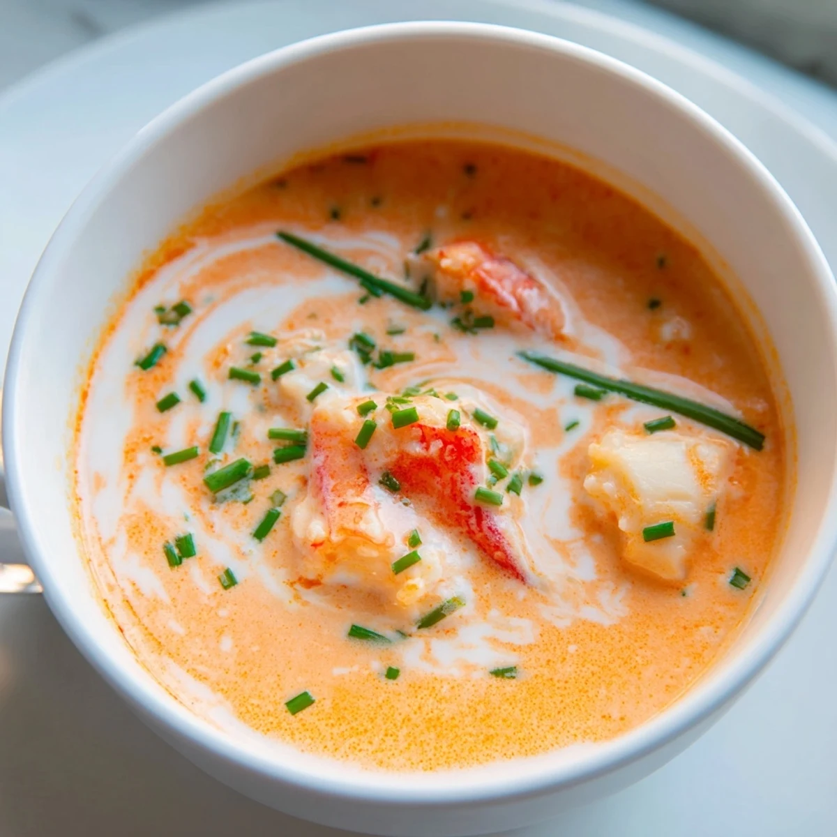 Rustic white ceramic crock filled with luxurious crab and shrimp bisque topped with chopped parsley and served alongside bright lemon wedges