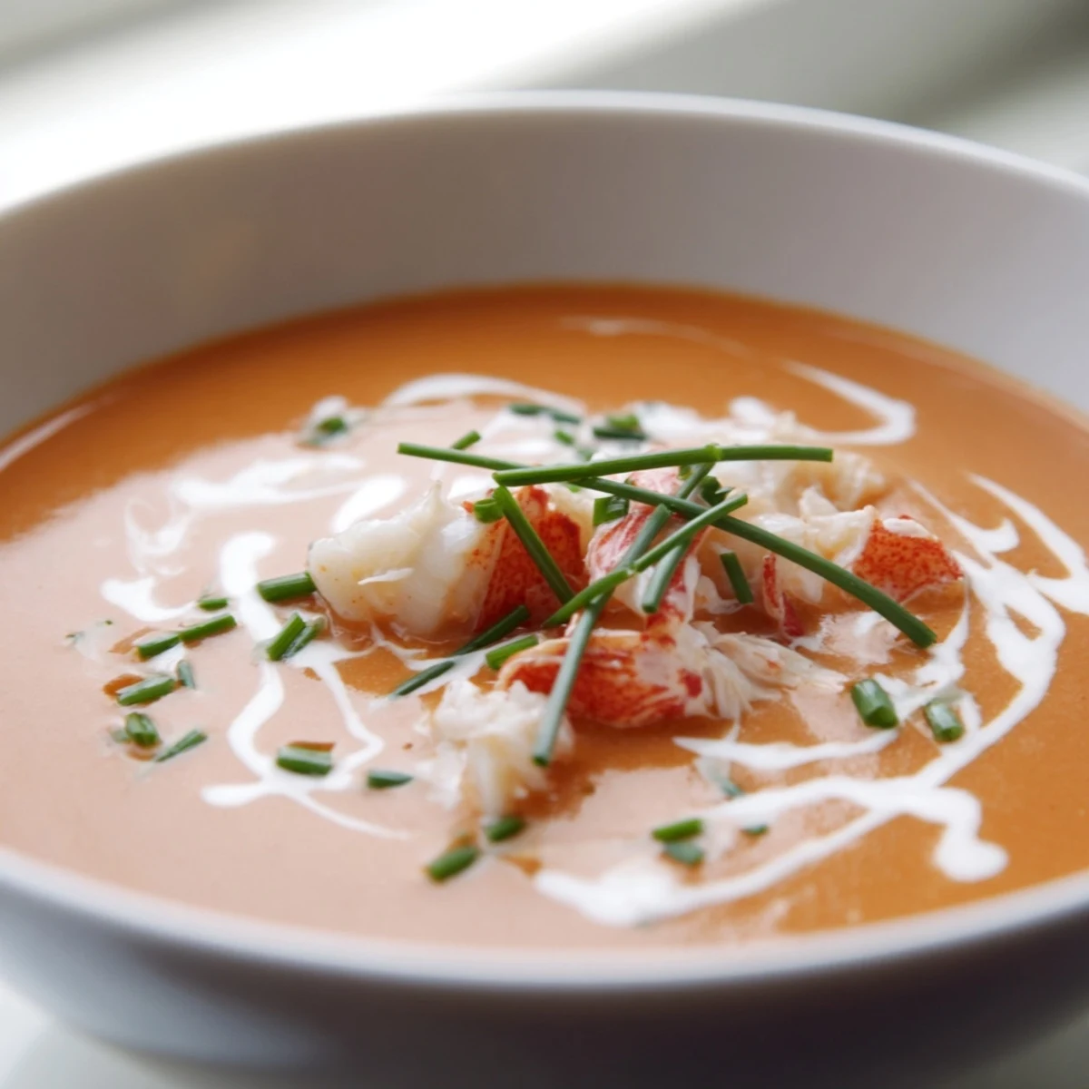Creamy seafood bisque bowl featuring tender lump crab meat and pink shrimp swimming in velvety orange-hued soup garnished with fresh green chives
