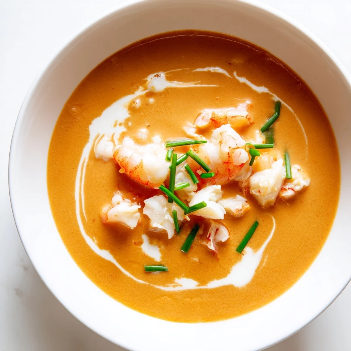 Close-up of French-style seafood bisque showcasing succulent crab pieces and plump shrimp in a rich smooth cream-based broth with herb sprinkles