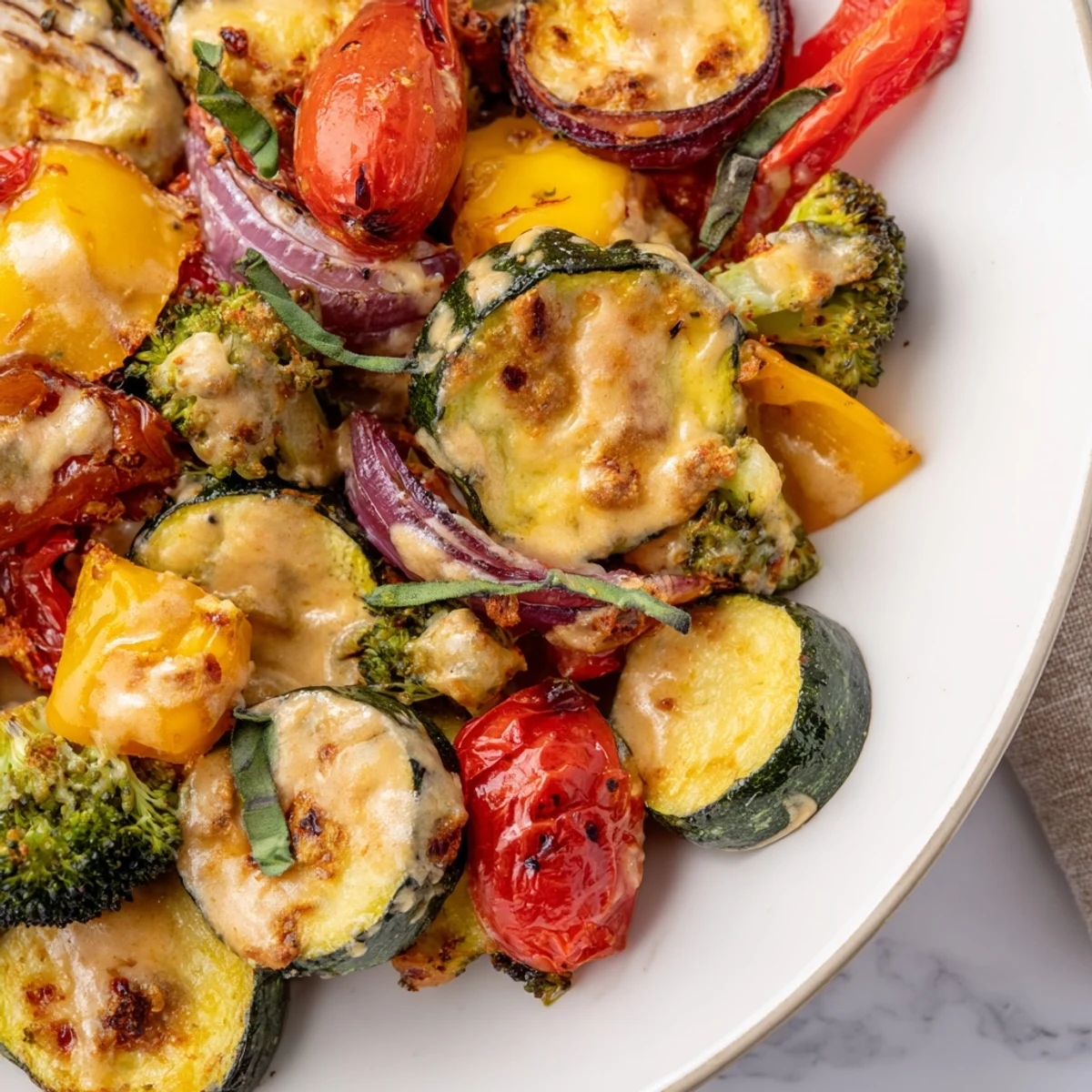 Golden roasted vegetables tossed in creamy sun-dried tomato sauce on a white serving platter