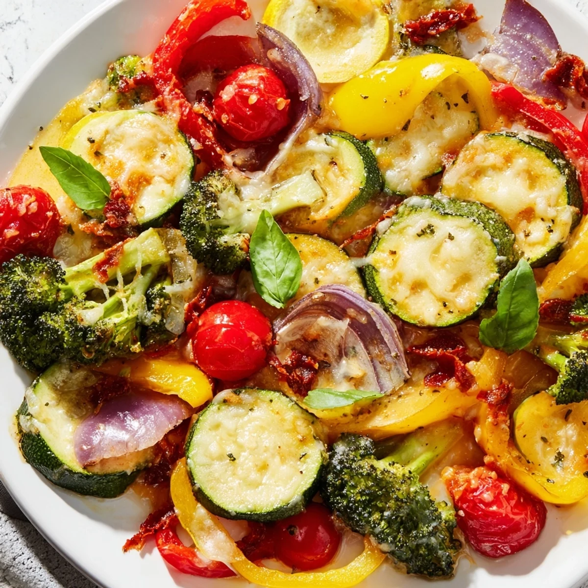 Colorful Marry Me roasted vegetable medley drizzled with Parmesan cream sauce and fresh basil