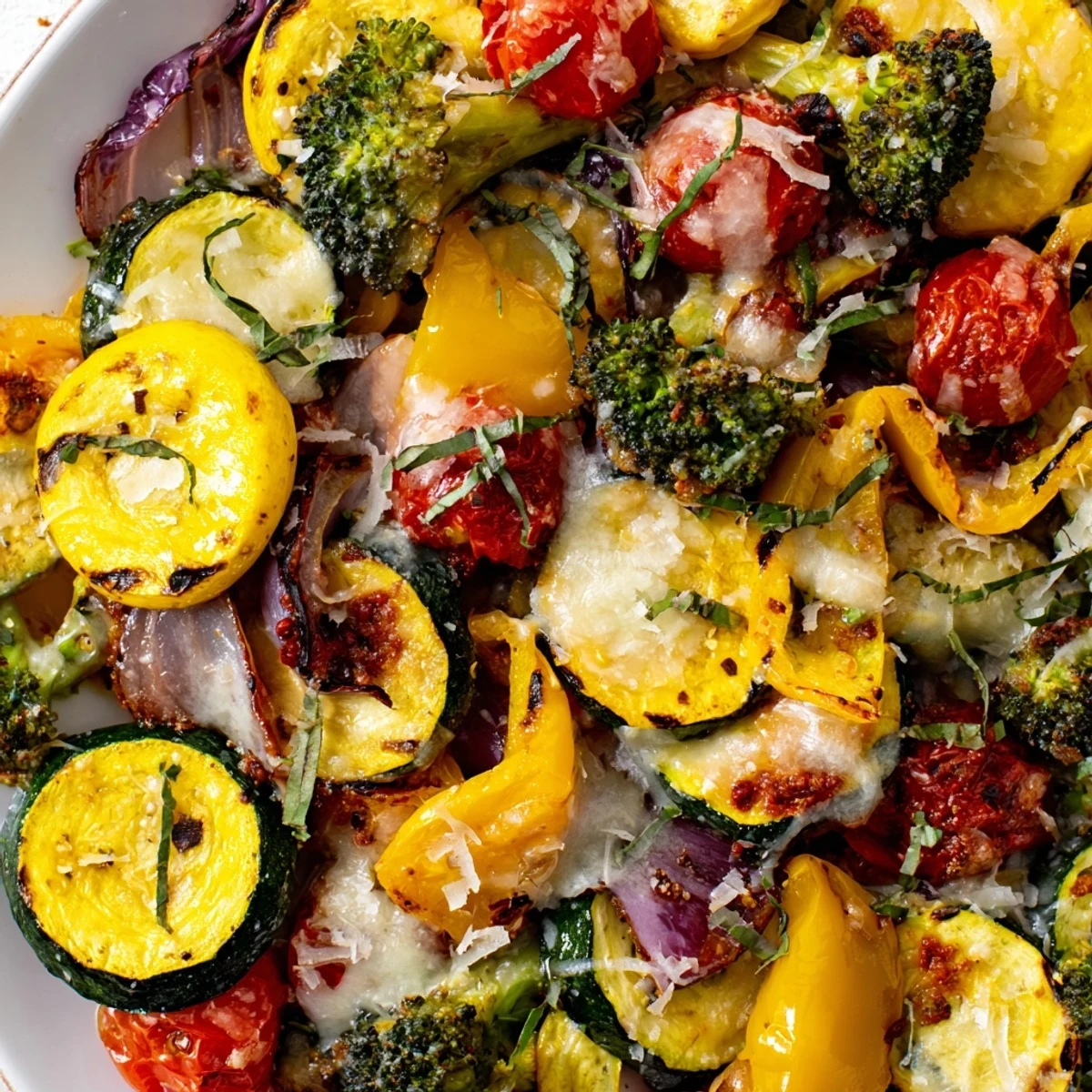 Vibrant oven-roasted zucchini peppers and broccoli coated in rich sun-dried tomato cream sauce