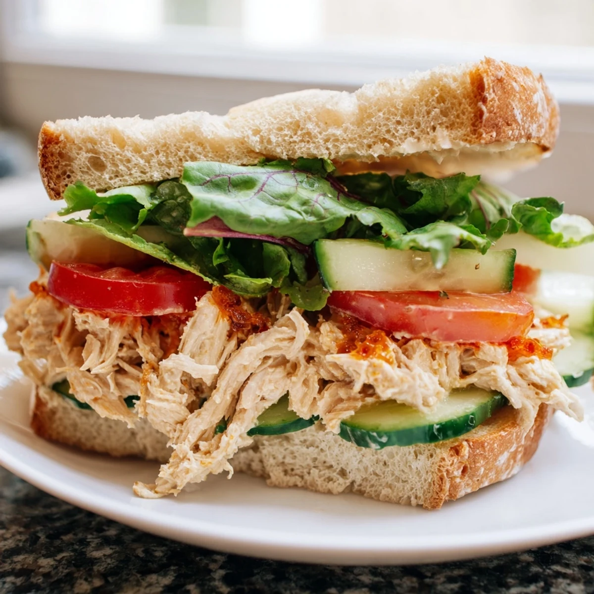 Close-up of chicken salad sandwich featuring crisp vegetables and drizzled chili crisp on a rustic roll