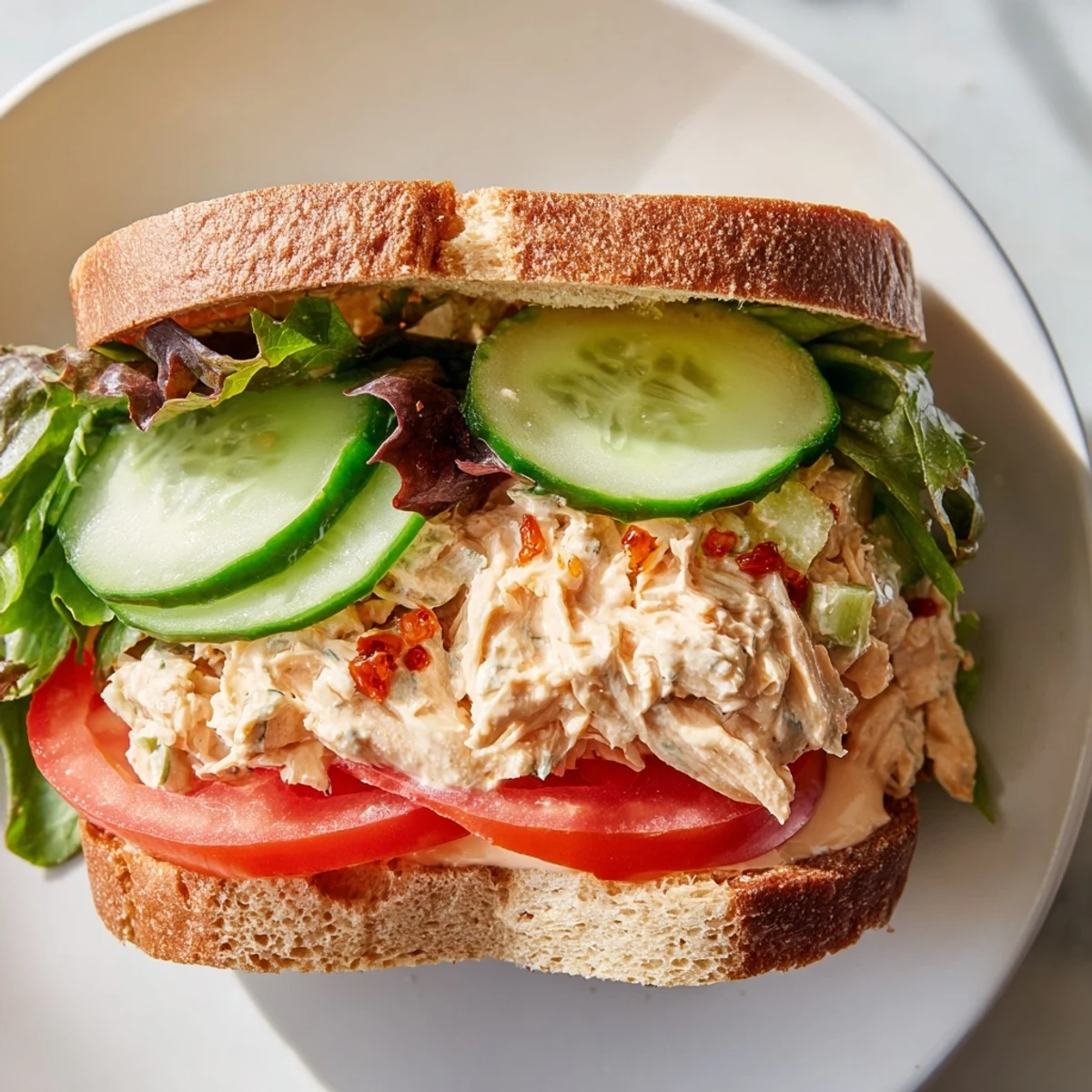 American-Asian fusion chicken salad sandwich with creamy dressing, chili crisp oil, and cucumber slices