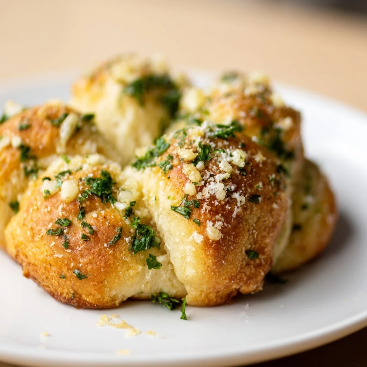 Golden gluten-free garlic knots brushed with melted butter and fresh parsley on a white serving plate