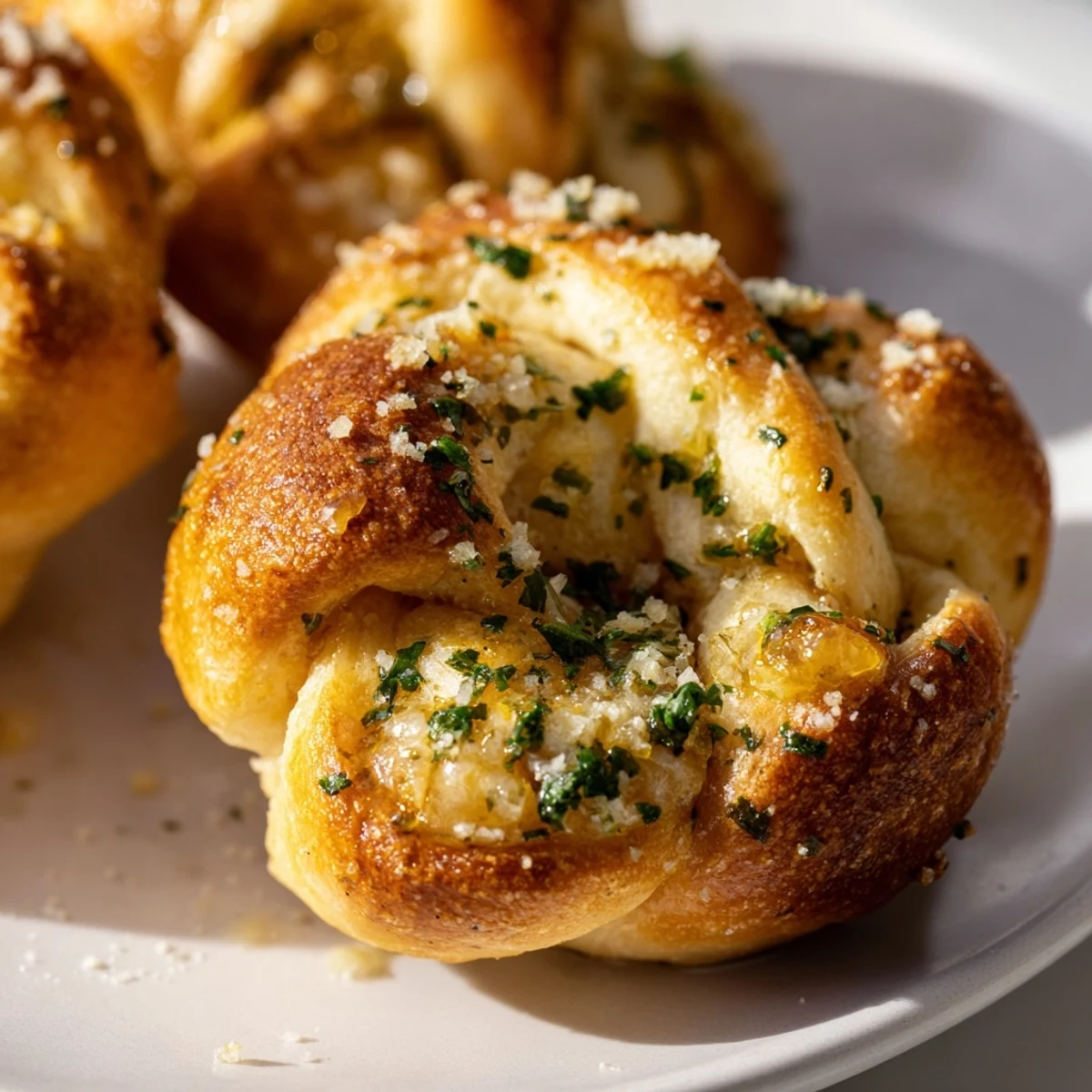 Soft pillowy gluten-free garlic knots arranged on a baking sheet ready for dinner service
