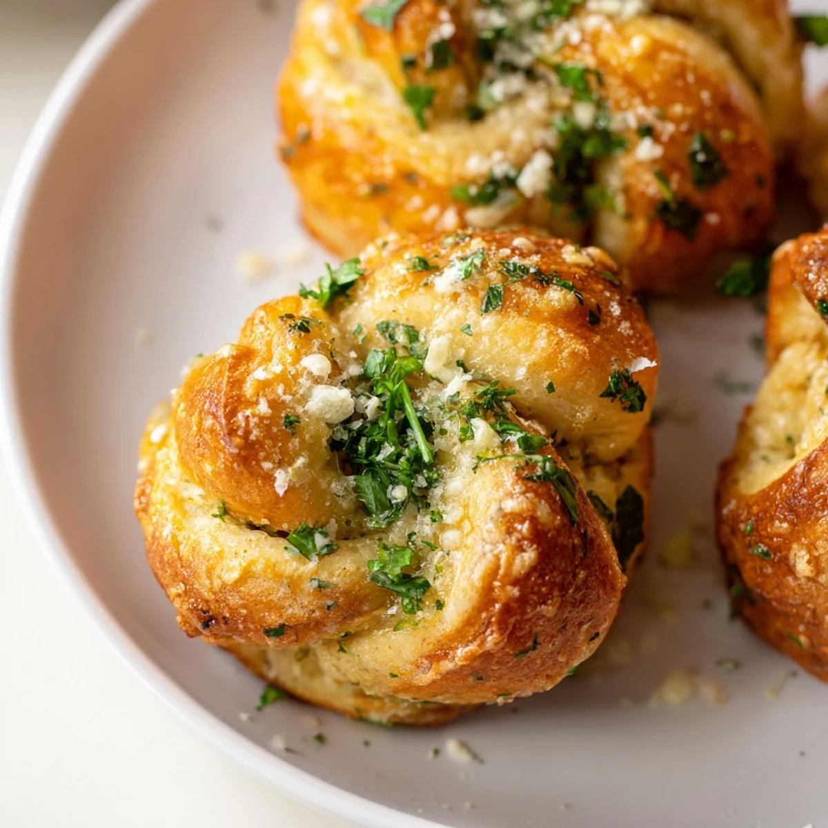 Warm gluten-free garlic knots topped with Parmesan cheese and herbs on a rustic wooden board