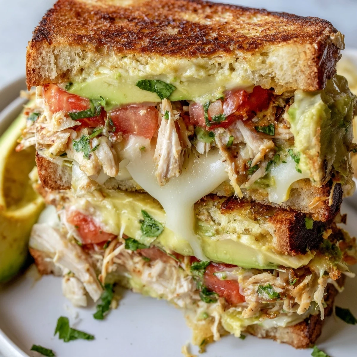 Sliced open chicken avocado melt sandwich revealing layers of juicy chicken, fresh avocado, and tomato