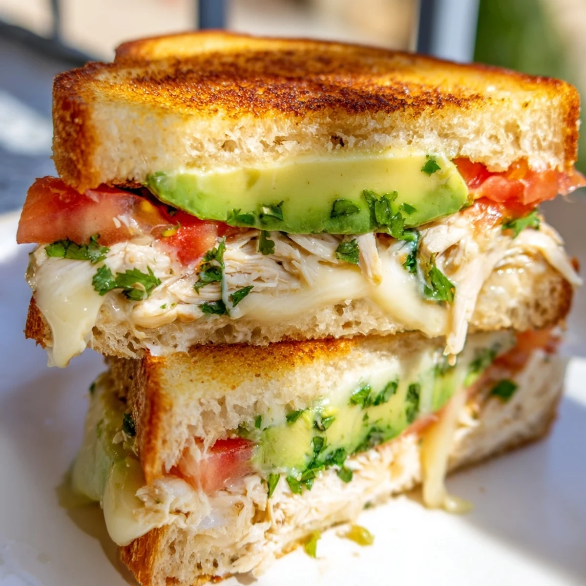 Golden grilled chicken avocado melt sandwich with melted cheese oozing from crispy toasted sourdough bread