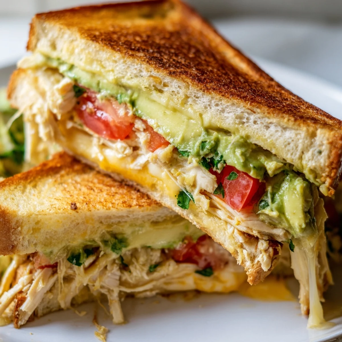 Chicken avocado melt sandwich cut diagonally on a wooden board with golden cheese stretching between slices