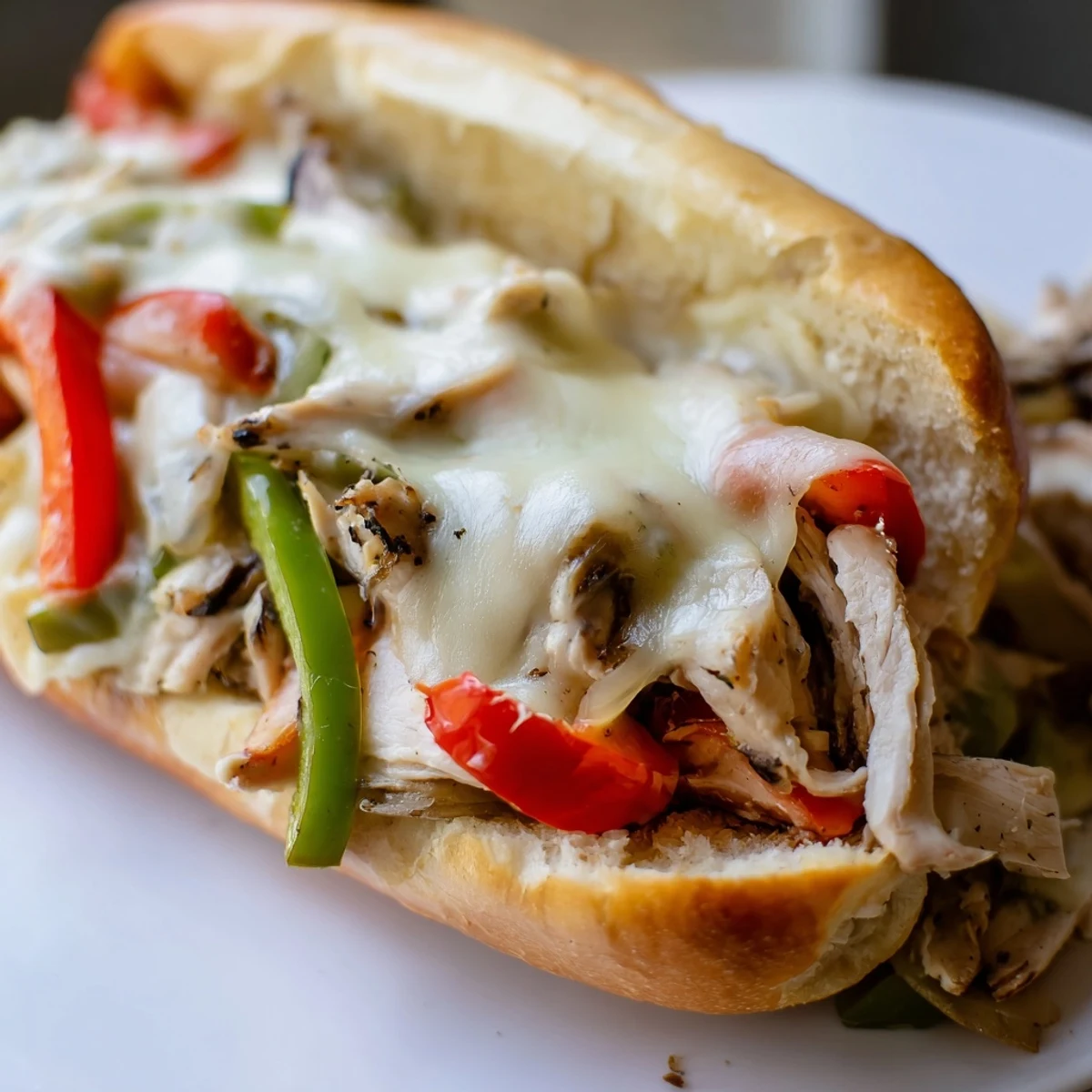 Golden toasted hoagie roll overflowing with tender chicken cheesesteak sandwich, melted provolone and colorful peppers
