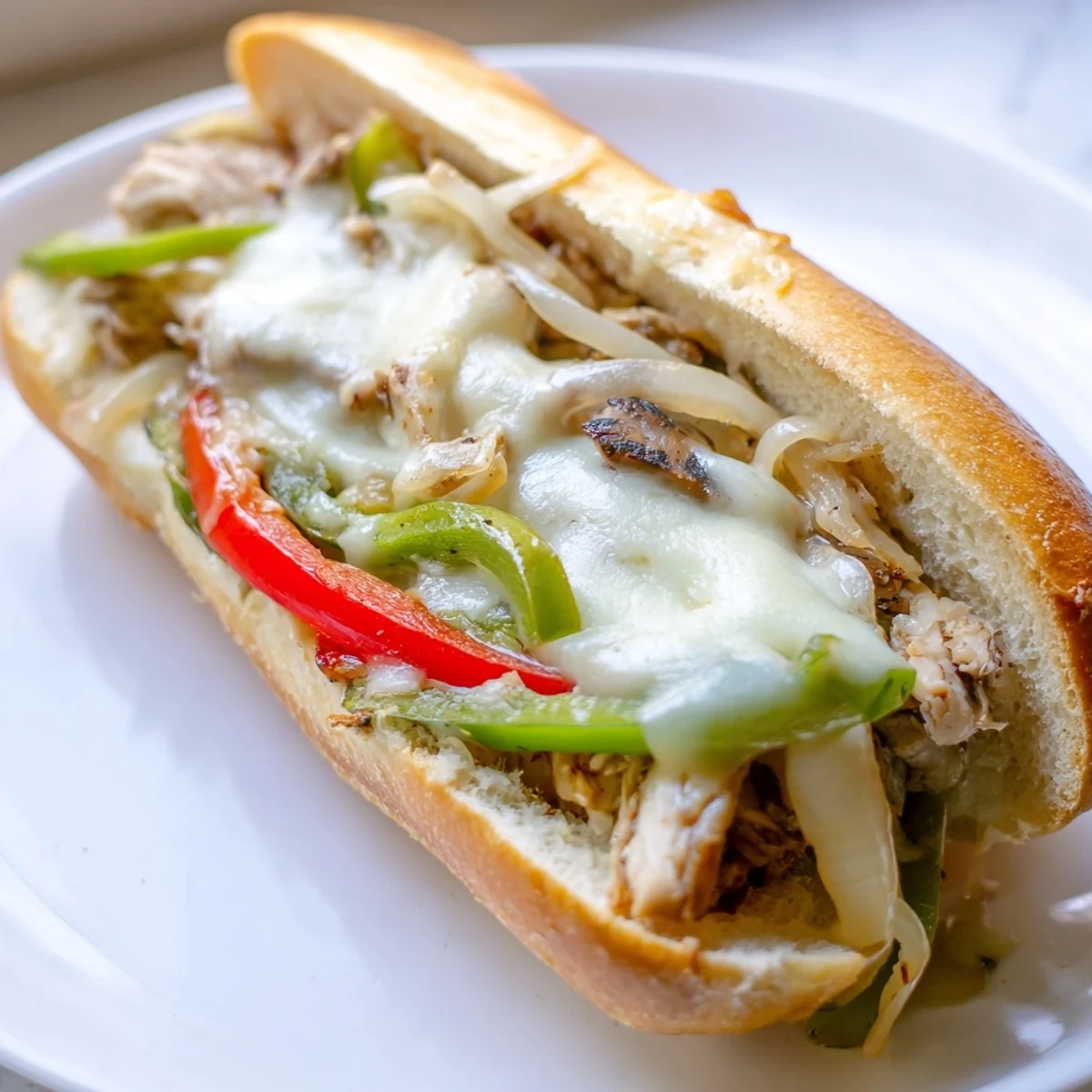Savory chicken cheesesteak sandwich piled high with sautéed onions, peppers and gooey provolone cheese