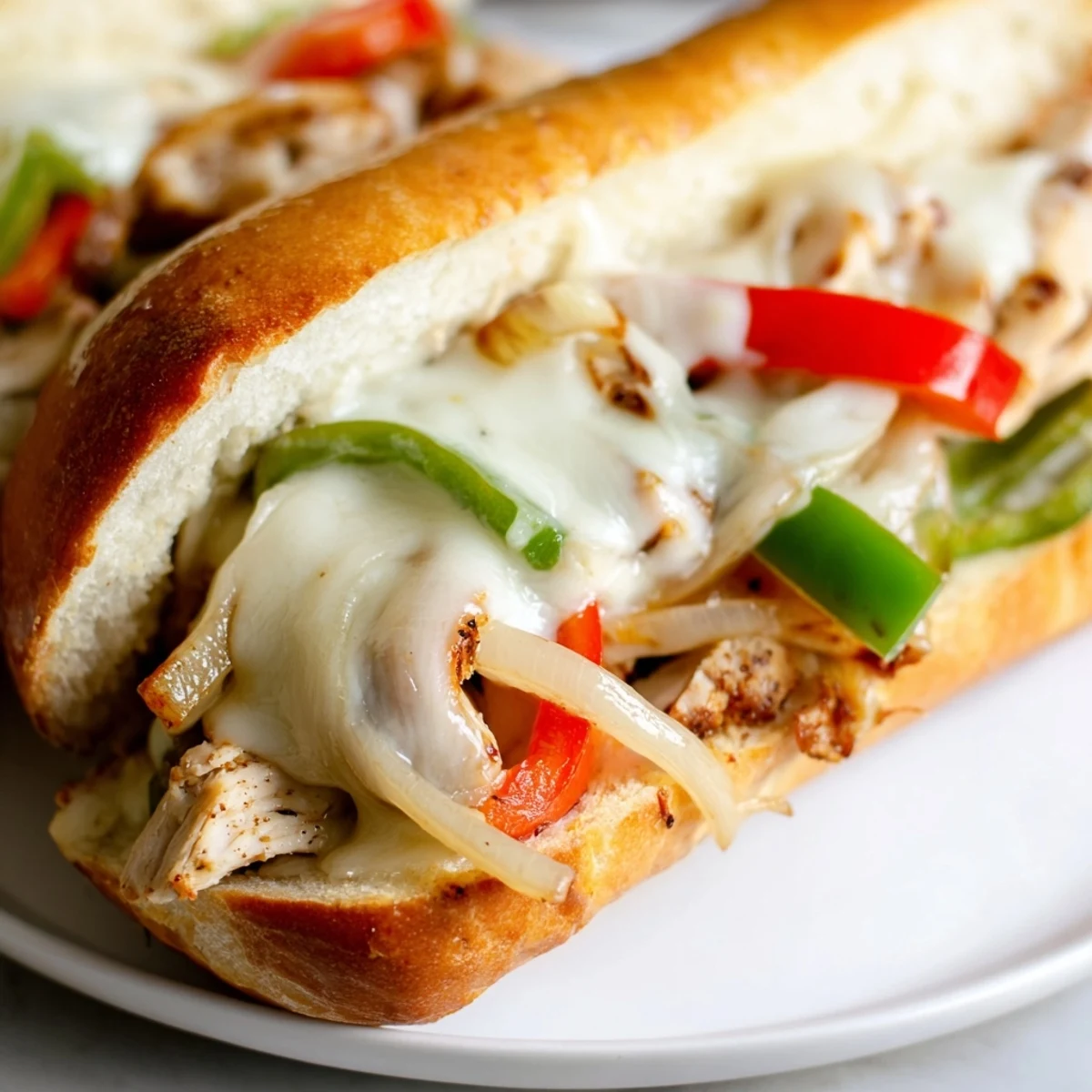 Mouthwatering chicken cheesesteak sandwich stuffed with seasoned chicken strips and melted cheese in a crisp roll